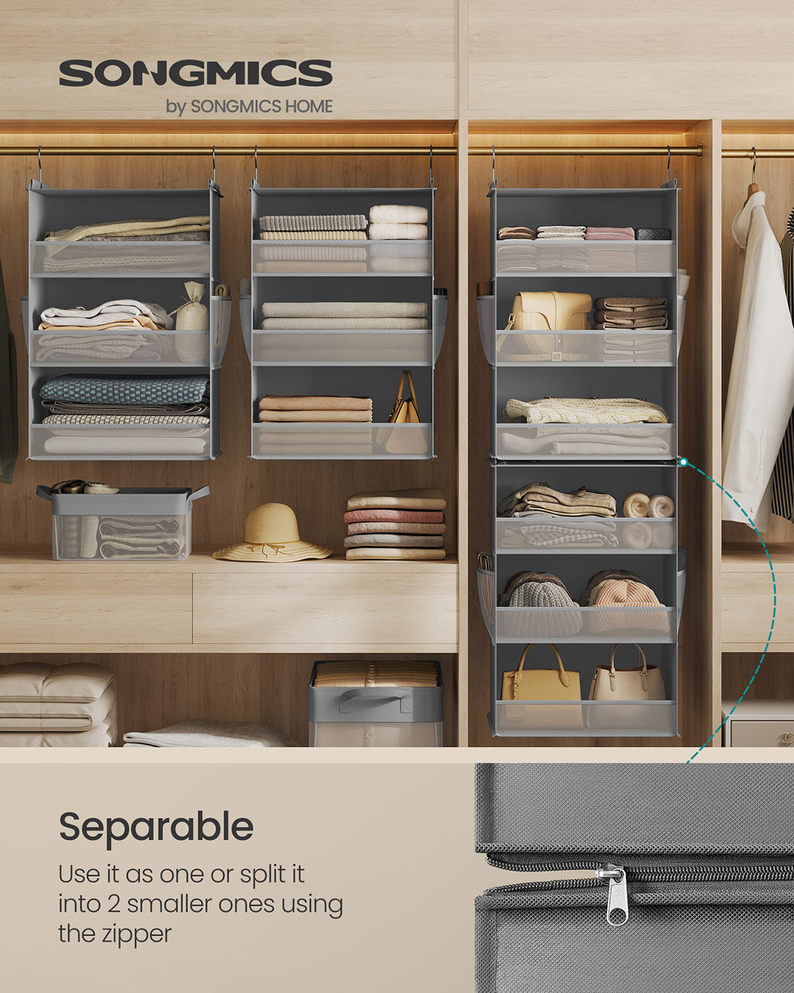 Set of 2 Hanging Closet Organizers, 6-Tier Fabric Storage Shelf, Separable Closet Hanging Shelf with Side Pockets, Foldable, Metal Hooks and Bamboo Inserts, Dove Gray