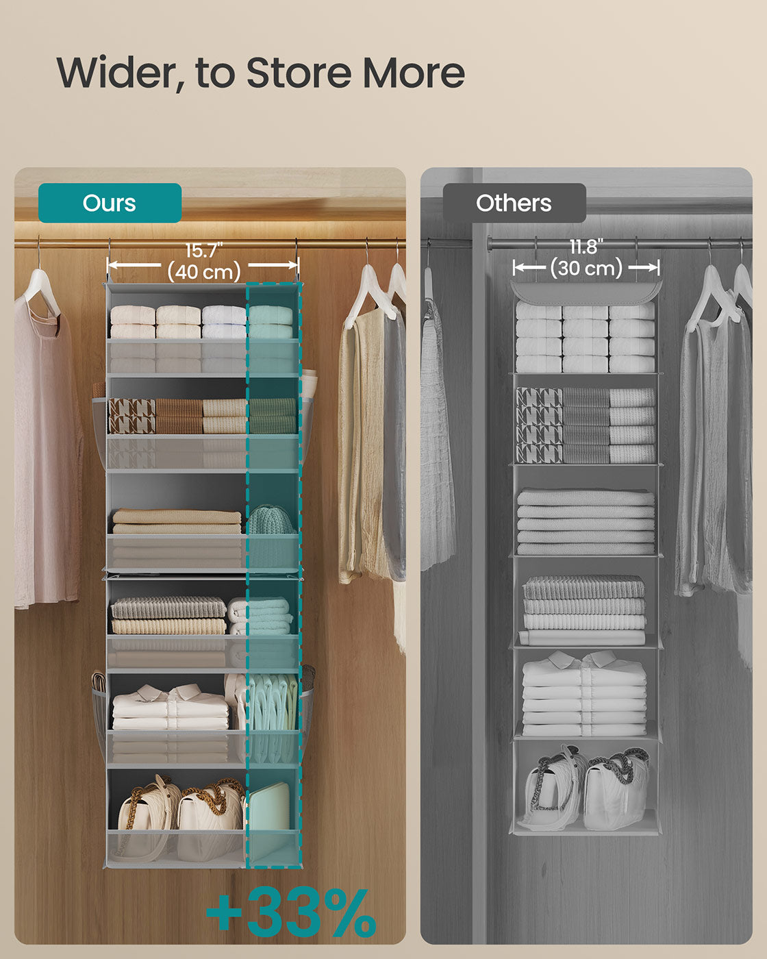 Set of 2 Hanging Closet Organizers, 6-Tier Fabric Storage Shelf, Separable Closet Hanging Shelf with Side Pockets, Foldable, Metal Hooks and Bamboo Inserts, Dove Gray
