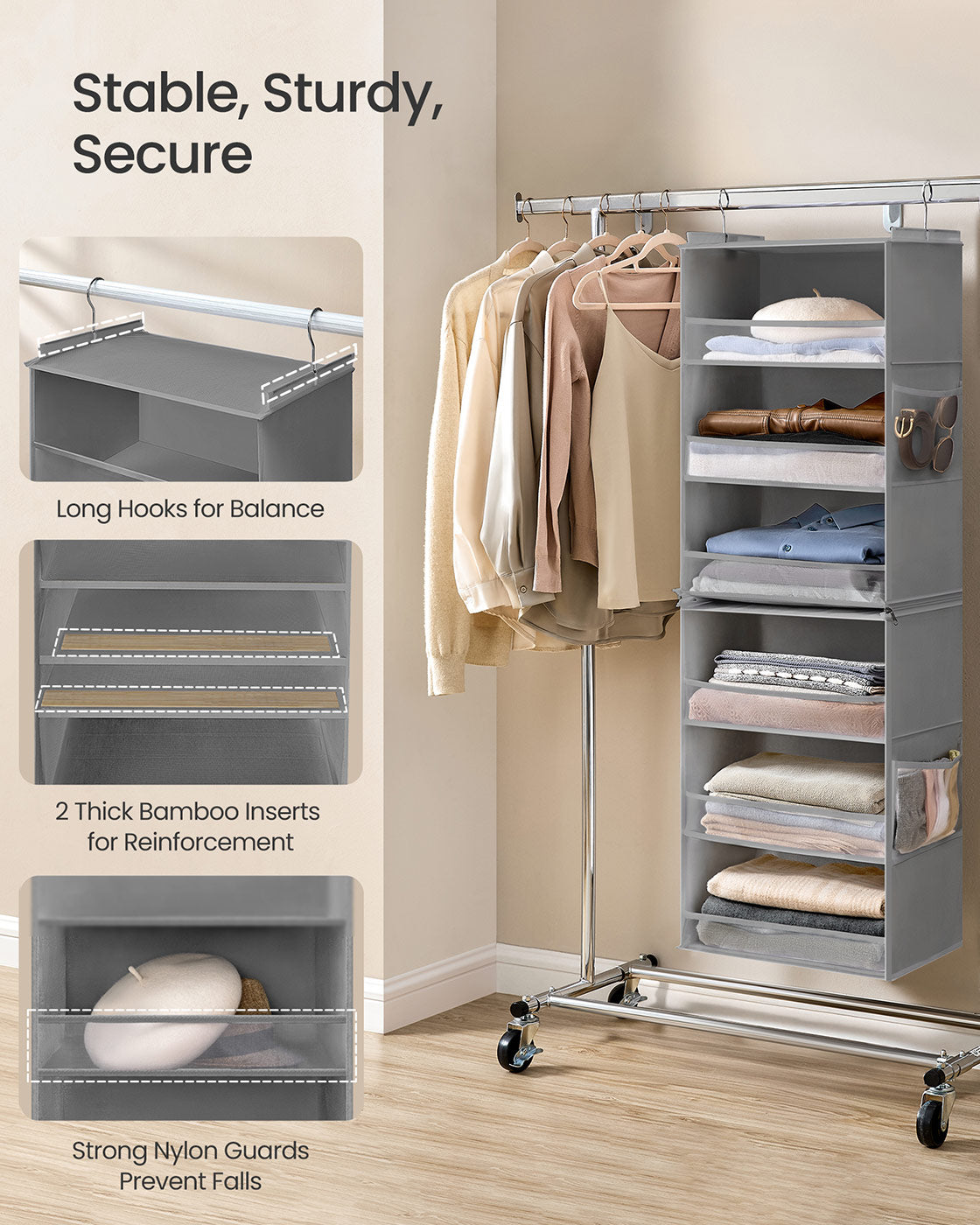 Set of 2 Hanging Closet Organizers, 6-Tier Fabric Storage Shelf, Separable Closet Hanging Shelf with Side Pockets, Foldable, Metal Hooks and Bamboo Inserts, Dove Gray