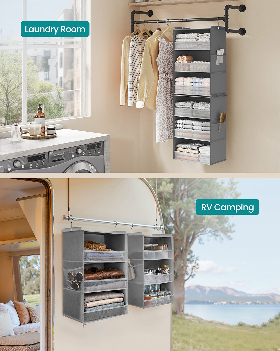Set of 2 Hanging Closet Organizers, 6-Tier Fabric Storage Shelf, Separable Closet Hanging Shelf with Side Pockets, Foldable, Metal Hooks and Bamboo Inserts, Dove Gray