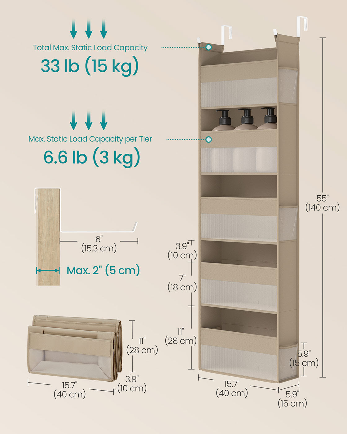 Hanging Door Organizer with 5 Large Pockets