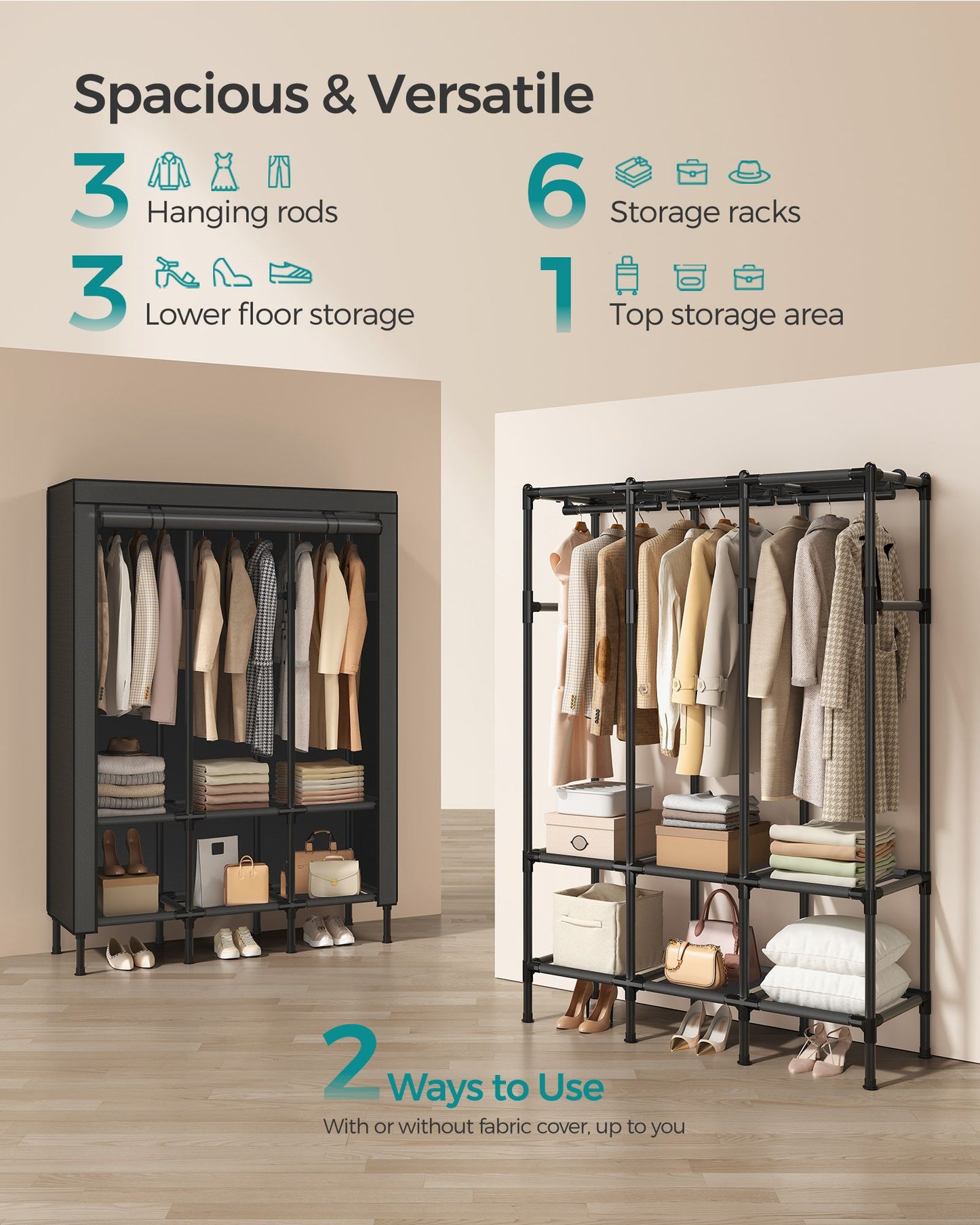 51.2 Inch Wardrobe Closet with 3 Hanging Rails and 6 Shelves