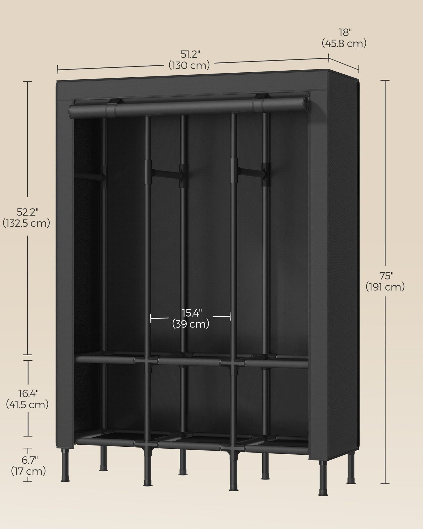 51.2 Inch Wardrobe Closet with 3 Hanging Rails and 6 Shelves