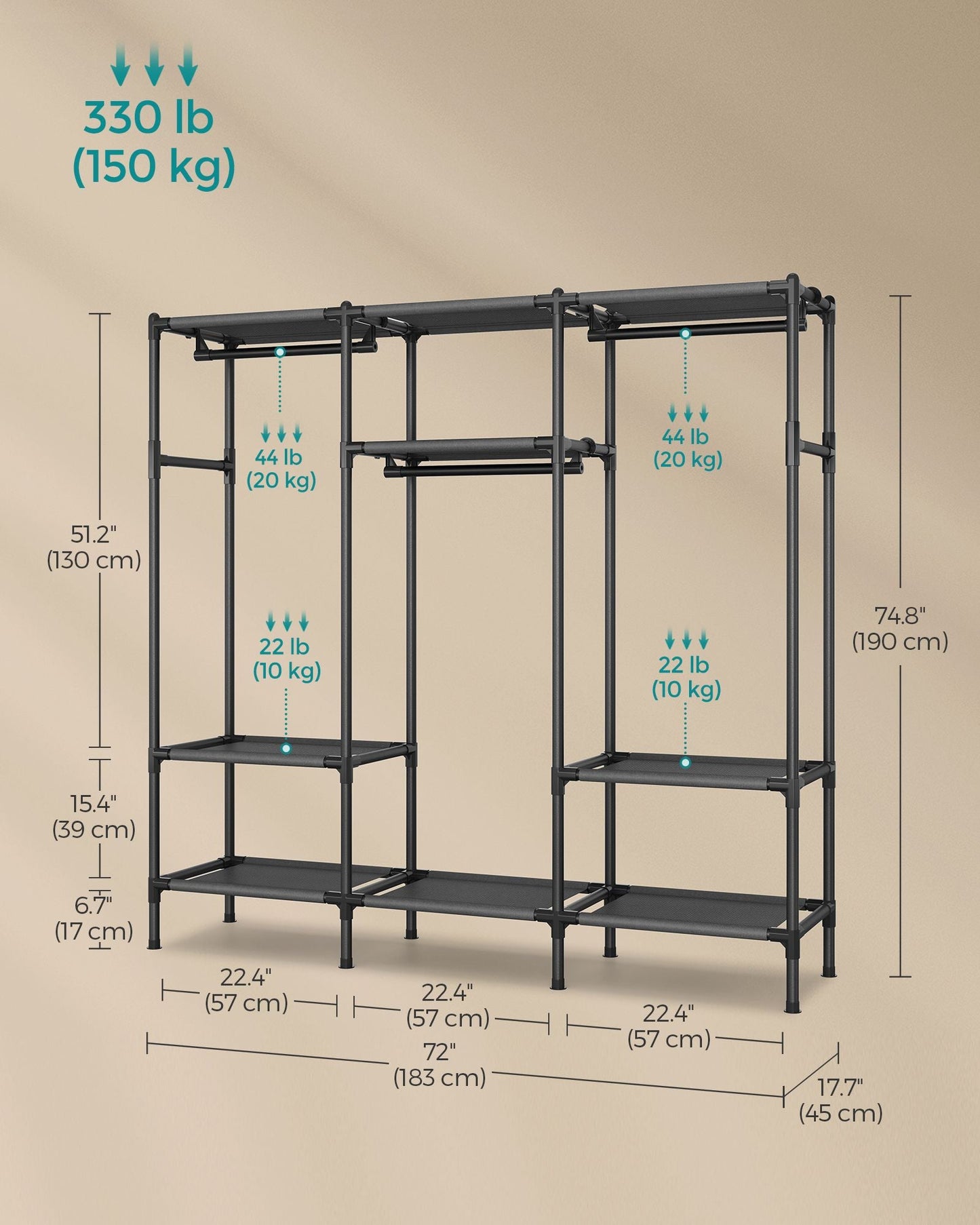 72 Inch Large Capacity Clothes Rack with Hanging Rails and Shelves