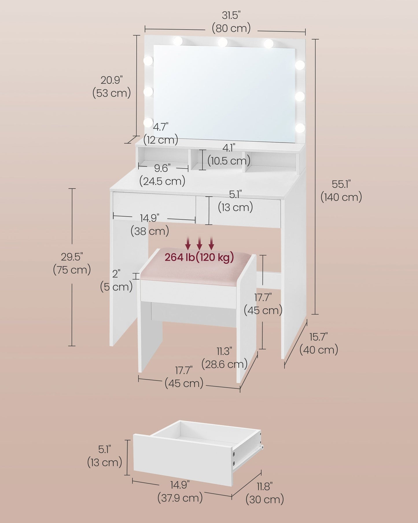 Vanity Desk with Mirror and Lights