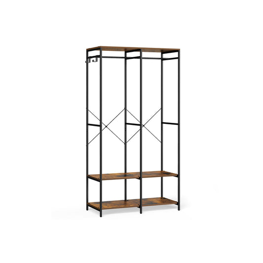 Iron and Wood Clothes Rack with Hanging Rods, Closet Shelves, Removable Hooks