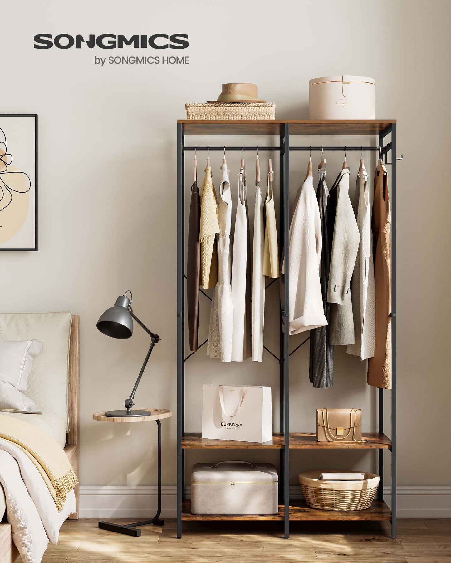 Iron and Wood Clothes Rack with Hanging Rods, Closet Shelves, Removable Hooks