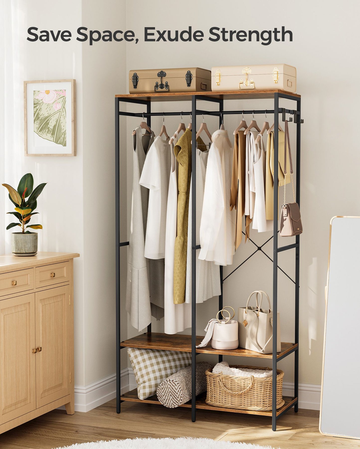 Iron and Wood Clothes Rack with Hanging Rods, Closet Shelves, Removable Hooks