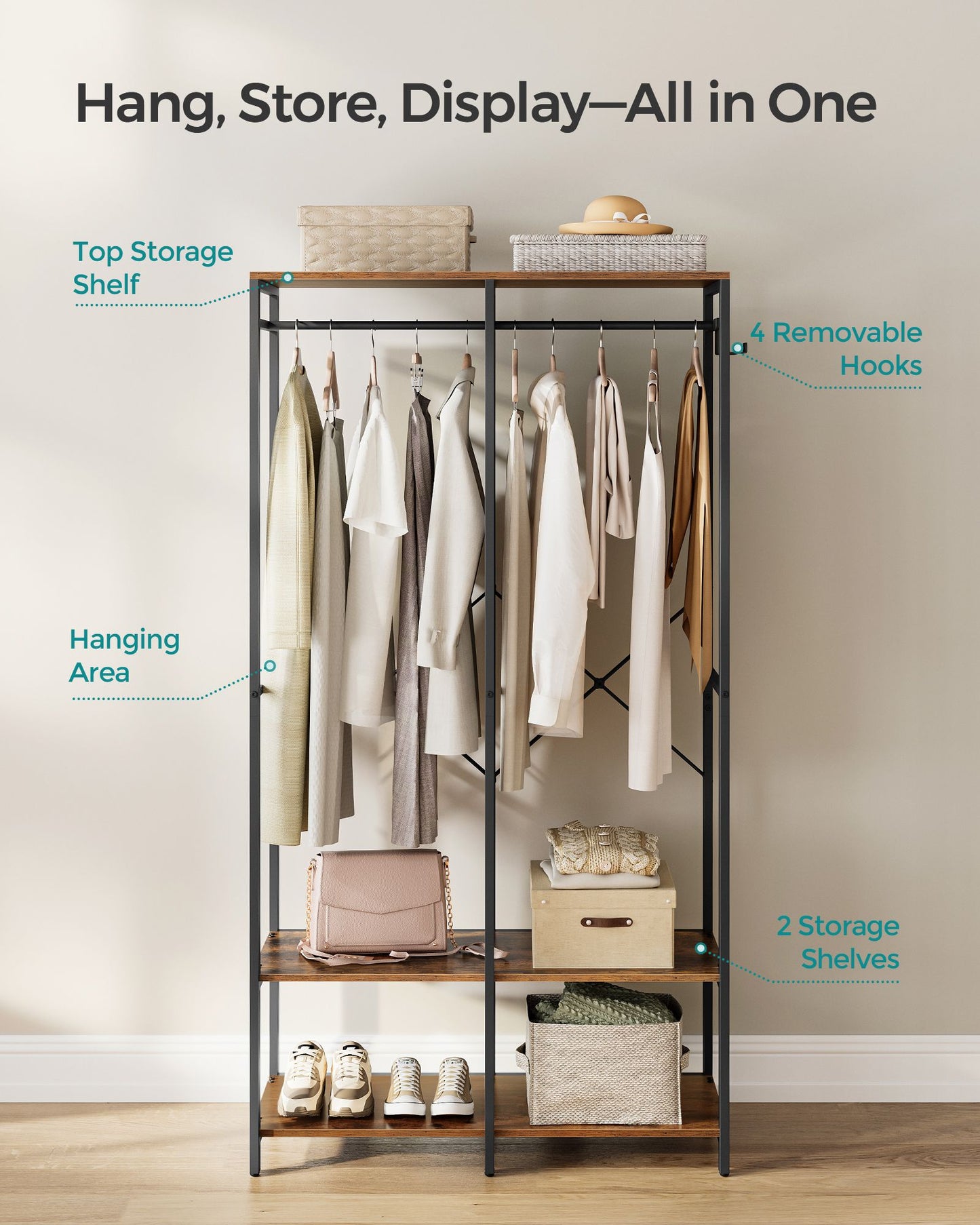 Iron and Wood Clothes Rack with Hanging Rods, Closet Shelves, Removable Hooks