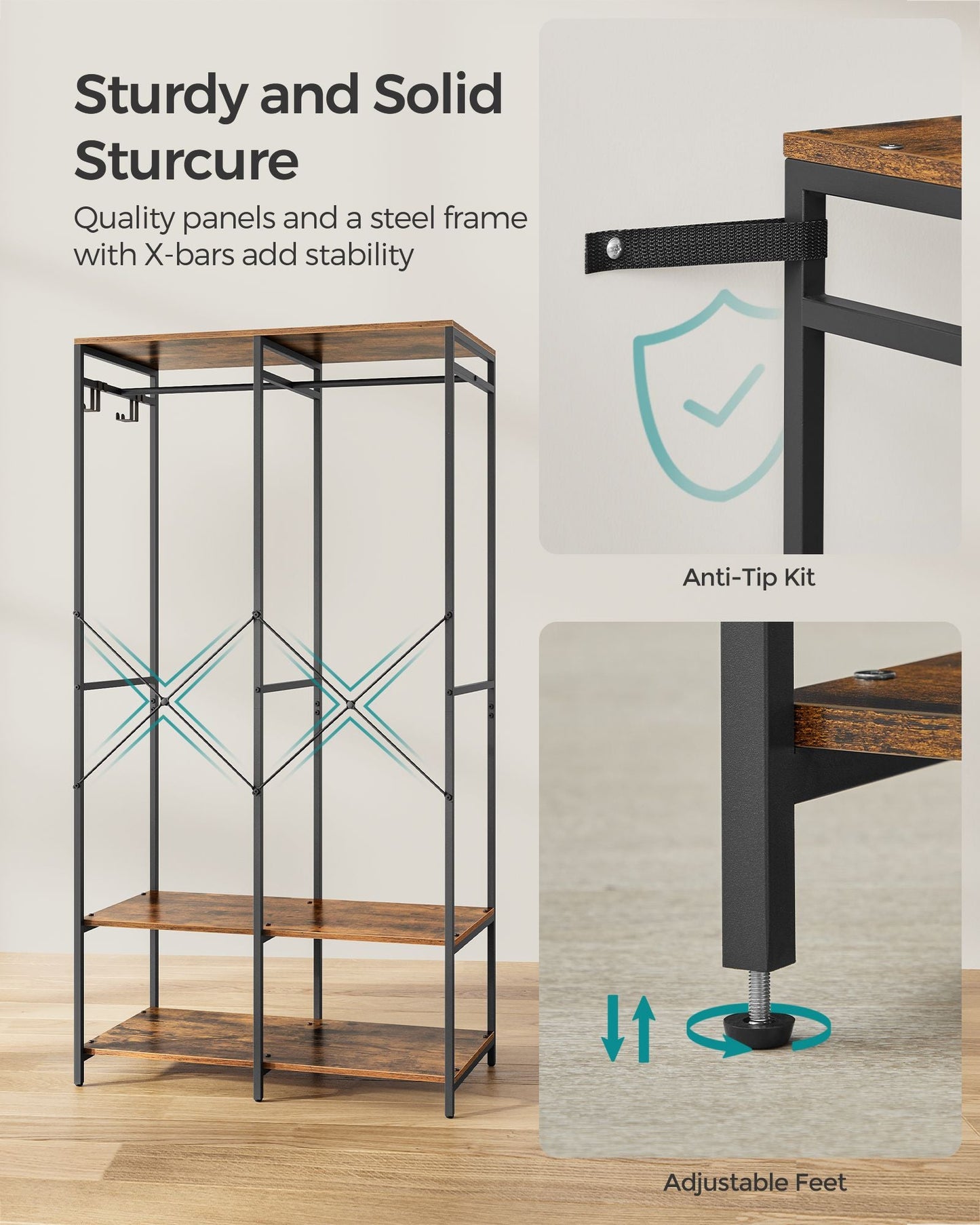 Iron and Wood Clothes Rack with Hanging Rods, Closet Shelves, Removable Hooks