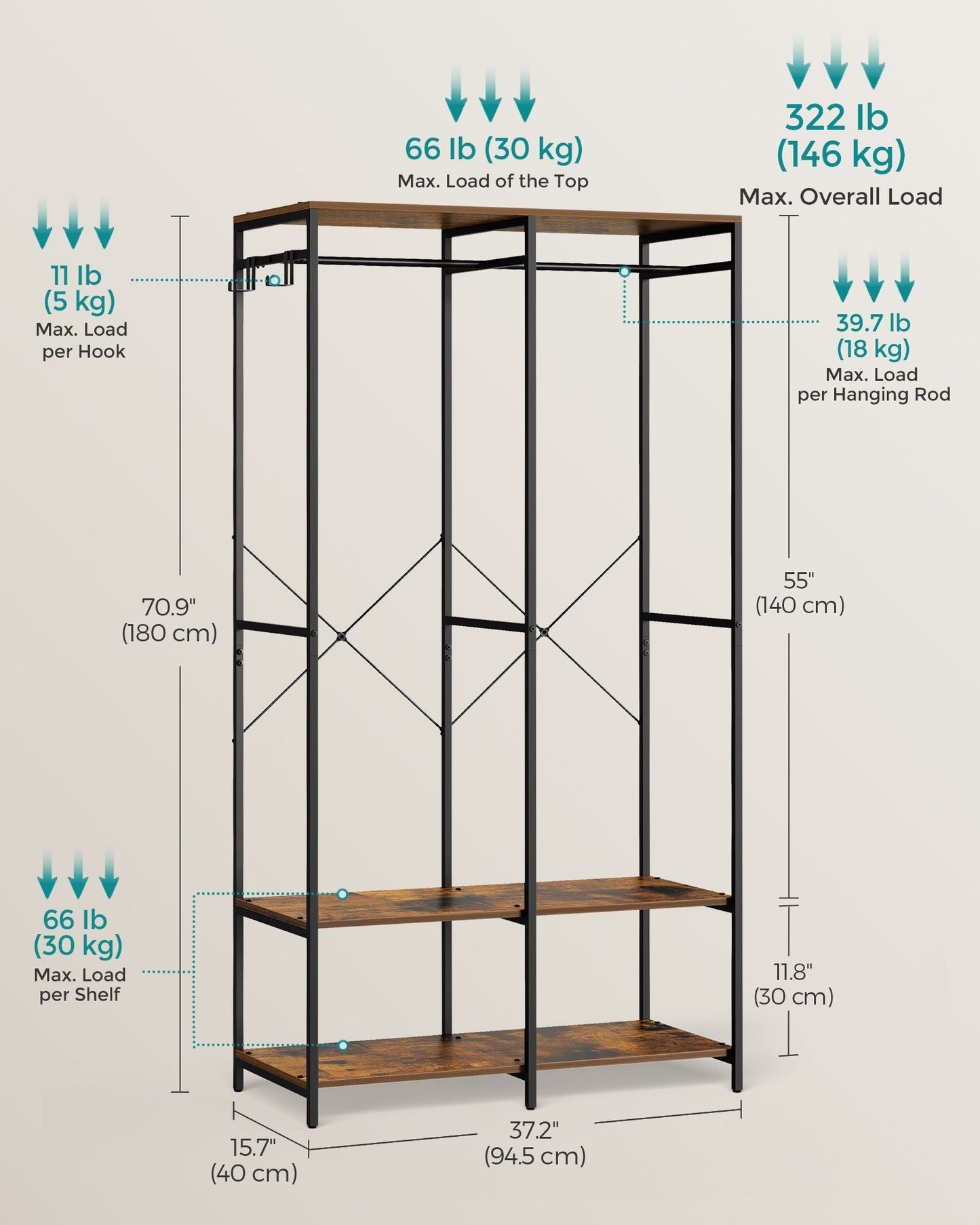 Iron and Wood Clothes Rack with Hanging Rods, Closet Shelves, Removable Hooks