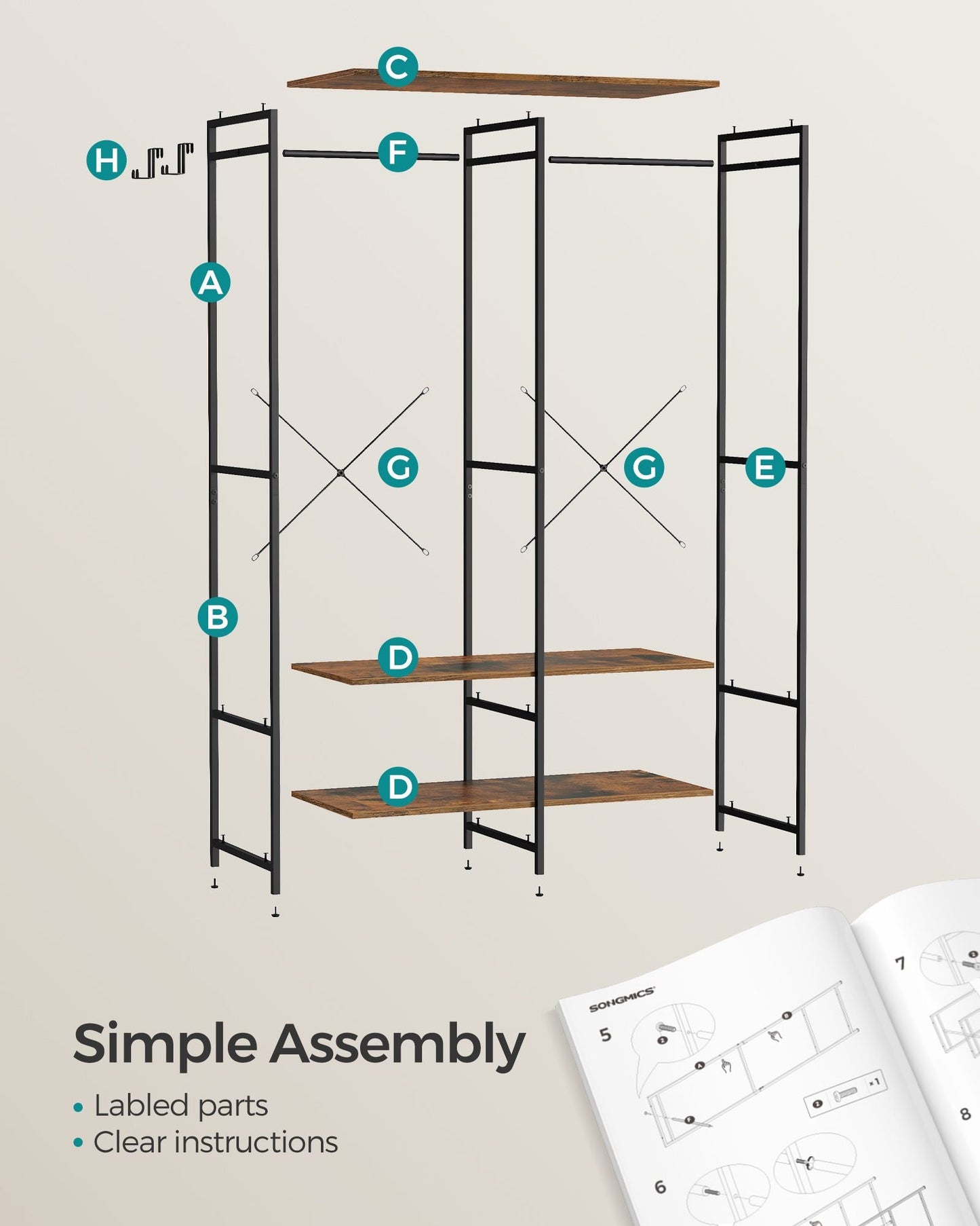 Iron and Wood Clothes Rack with Hanging Rods, Closet Shelves, Removable Hooks