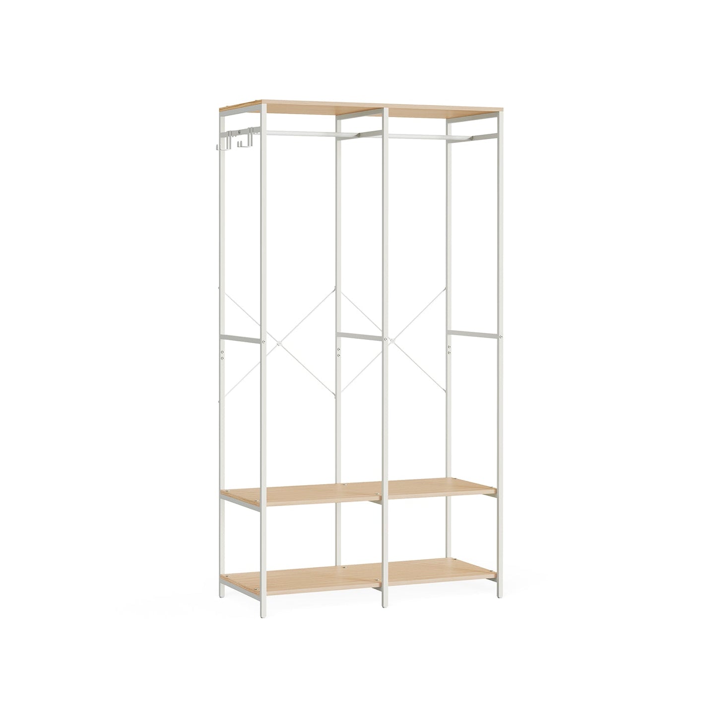 Iron and Wood Clothes Rack with Hanging Rods, Closet Shelves, Removable Hooks