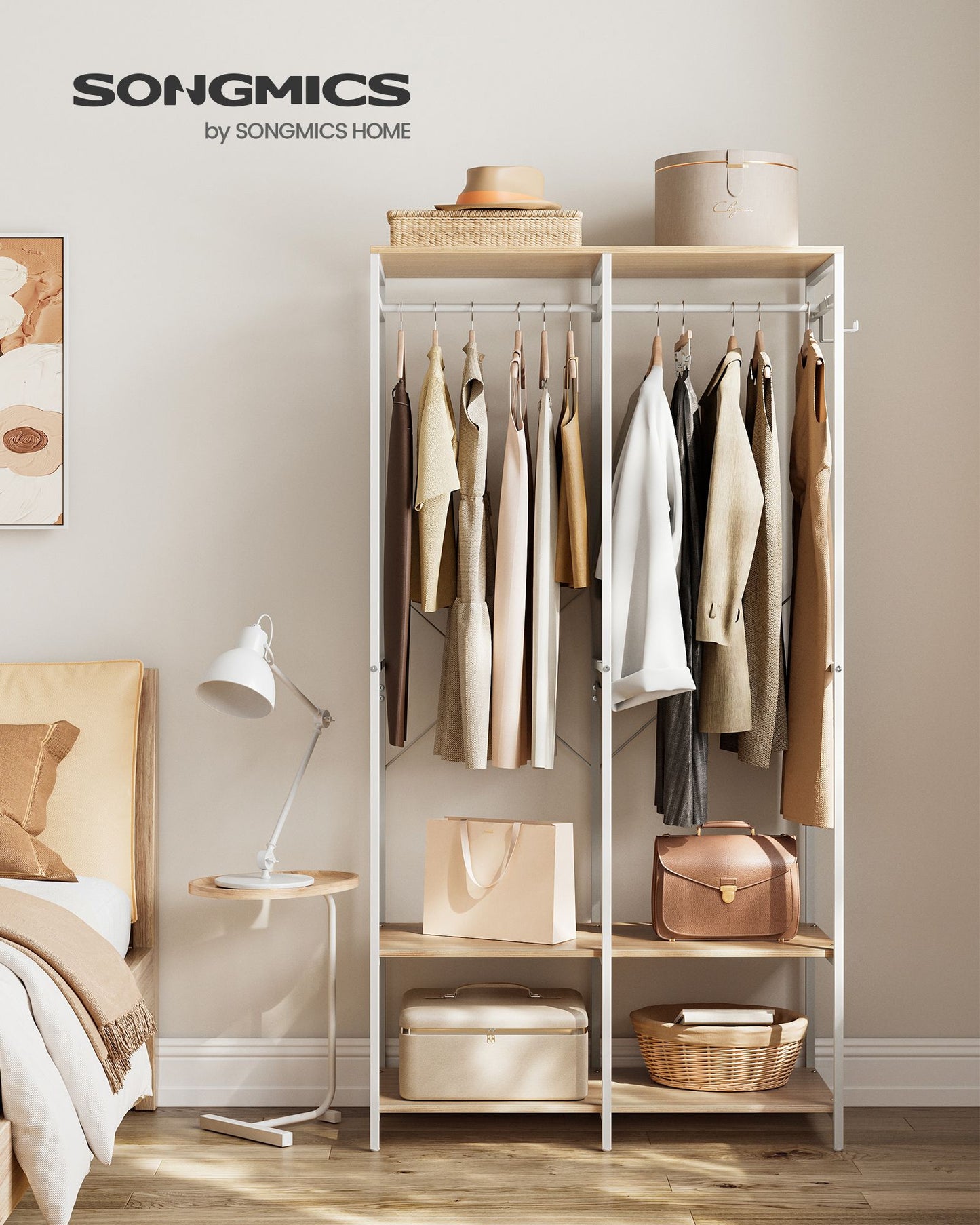 Iron and Wood Clothes Rack with Hanging Rods, Closet Shelves, Removable Hooks