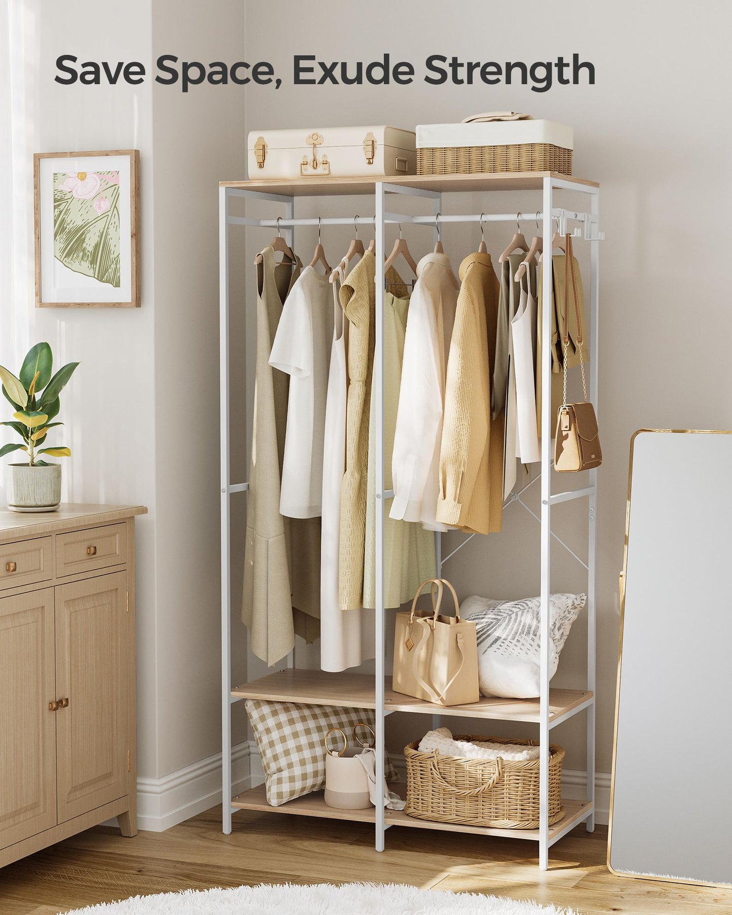 Iron and Wood Clothes Rack with Hanging Rods, Closet Shelves, Removable Hooks