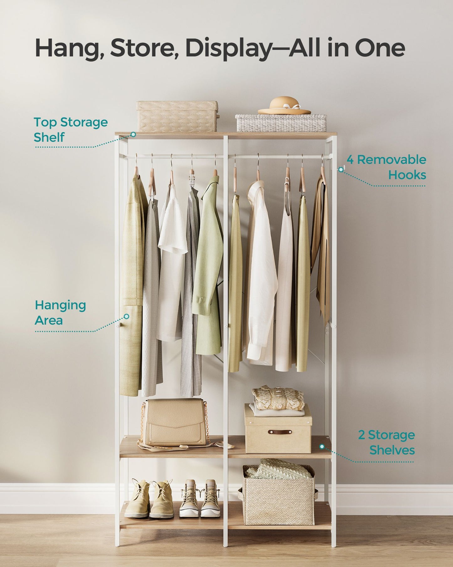 Iron and Wood Clothes Rack with Hanging Rods, Closet Shelves, Removable Hooks