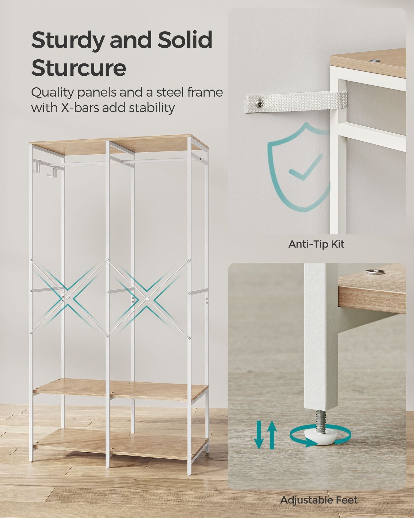 Iron and Wood Clothes Rack with Hanging Rods, Closet Shelves, Removable Hooks