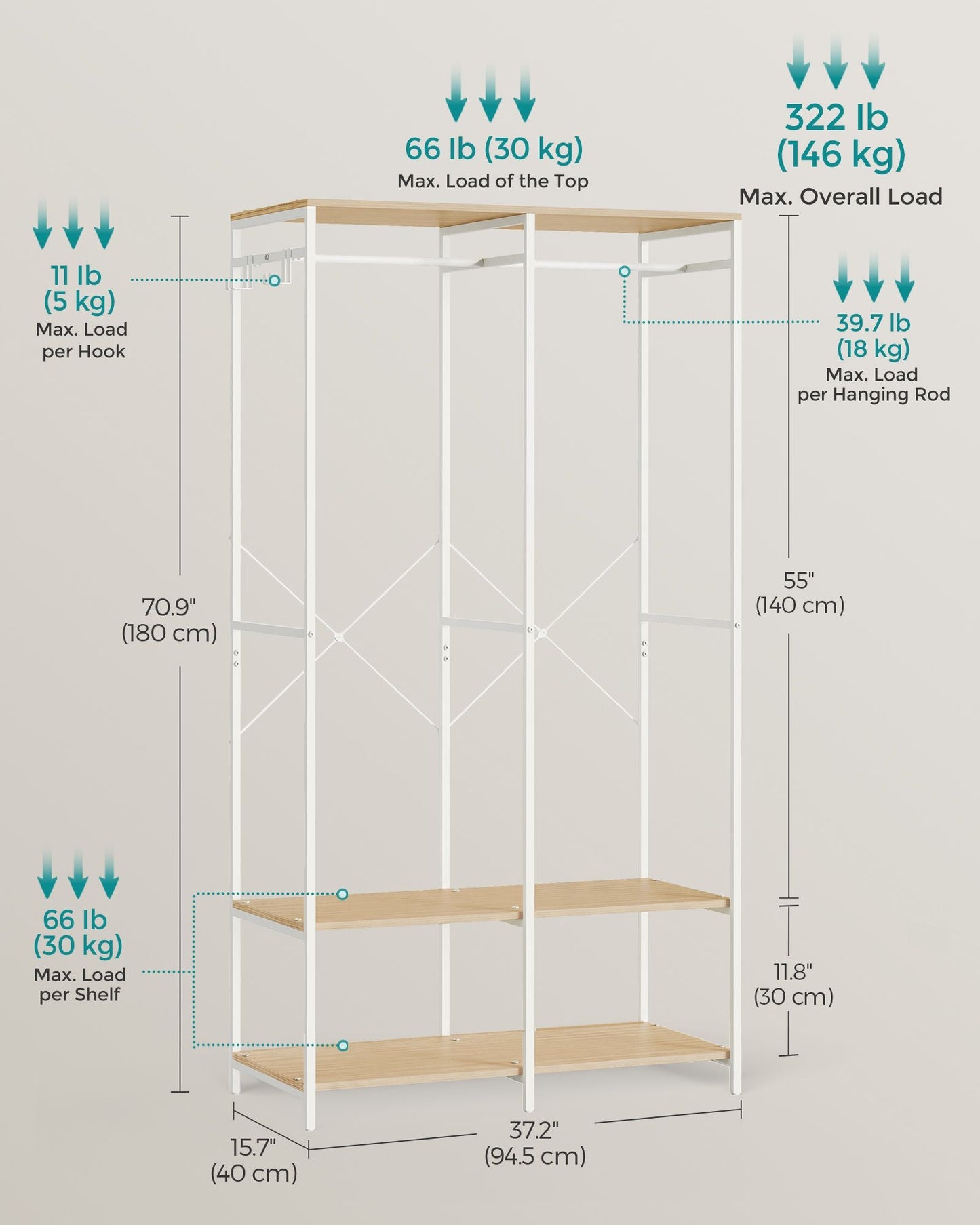 Iron and Wood Clothes Rack with Hanging Rods, Closet Shelves, Removable Hooks