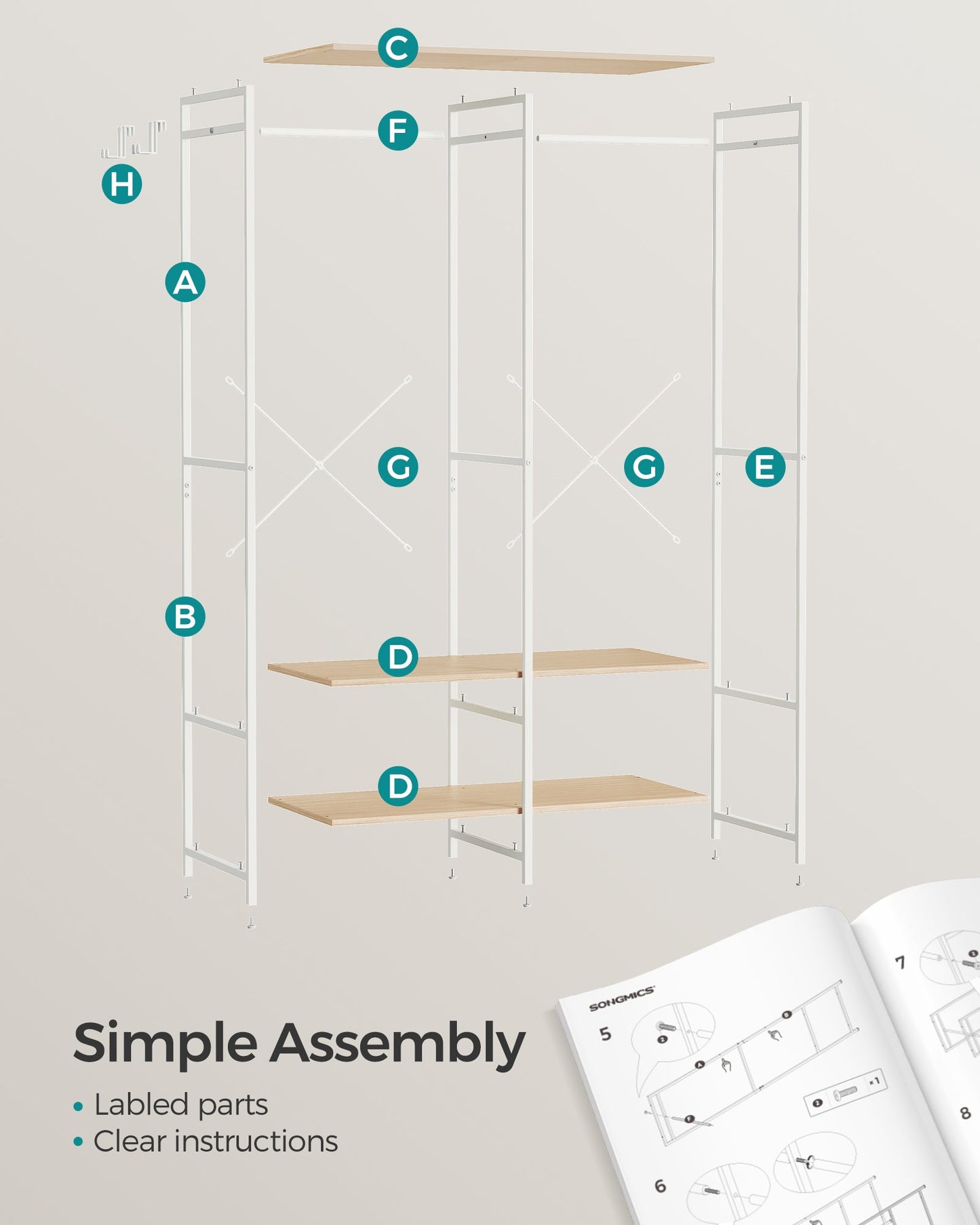 Iron and Wood Clothes Rack with Hanging Rods, Closet Shelves, Removable Hooks