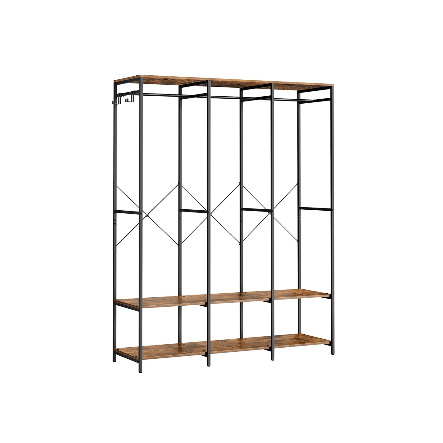 Iron and Wood Clothes Rack with Hanging Rods, Closet Shelves, Removable Hooks