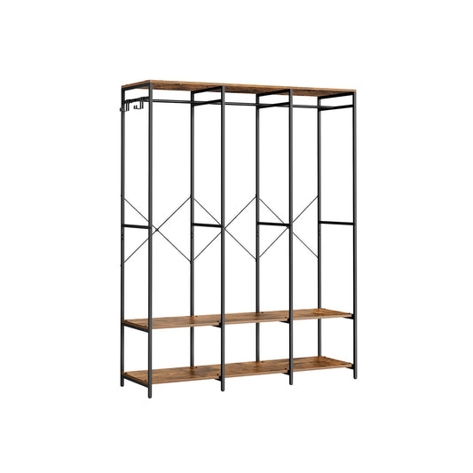 Iron and Wood Clothes Rack with Hanging Rods, Closet Shelves, Removable Hooks