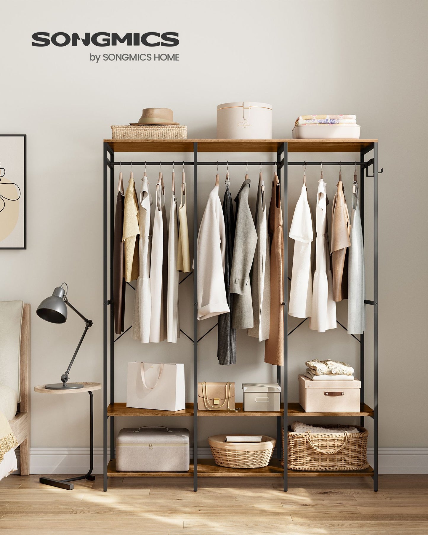 Iron and Wood Clothes Rack with Hanging Rods, Closet Shelves, Removable Hooks