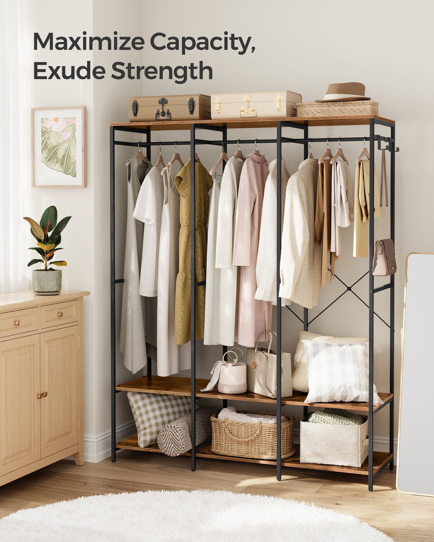 Iron and Wood Clothes Rack with Hanging Rods, Closet Shelves, Removable Hooks
