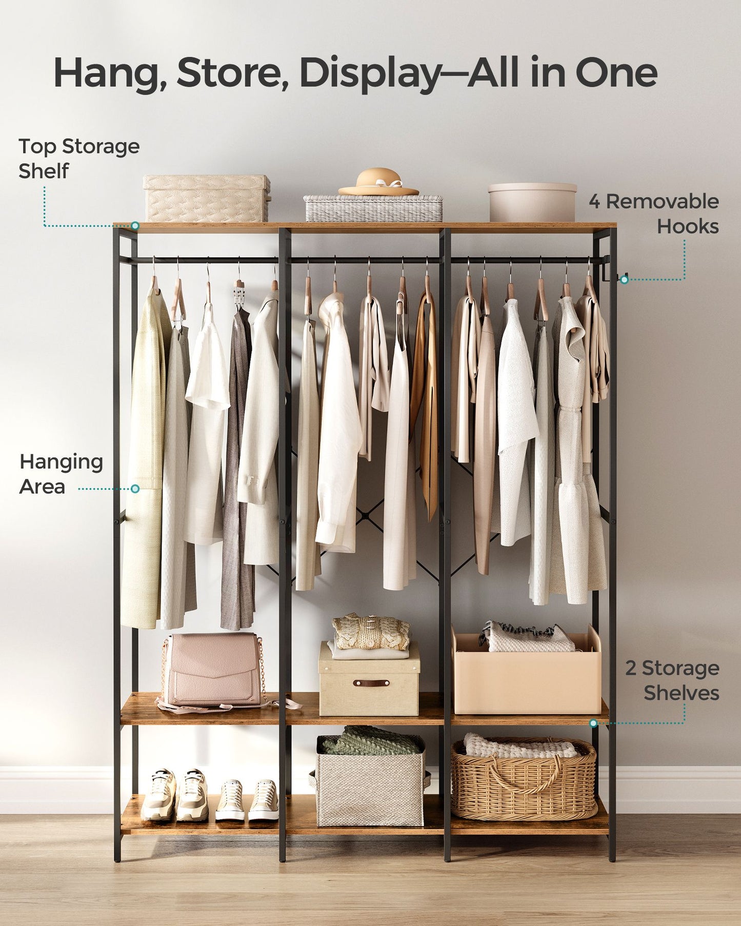 Iron and Wood Clothes Rack with Hanging Rods, Closet Shelves, Removable Hooks