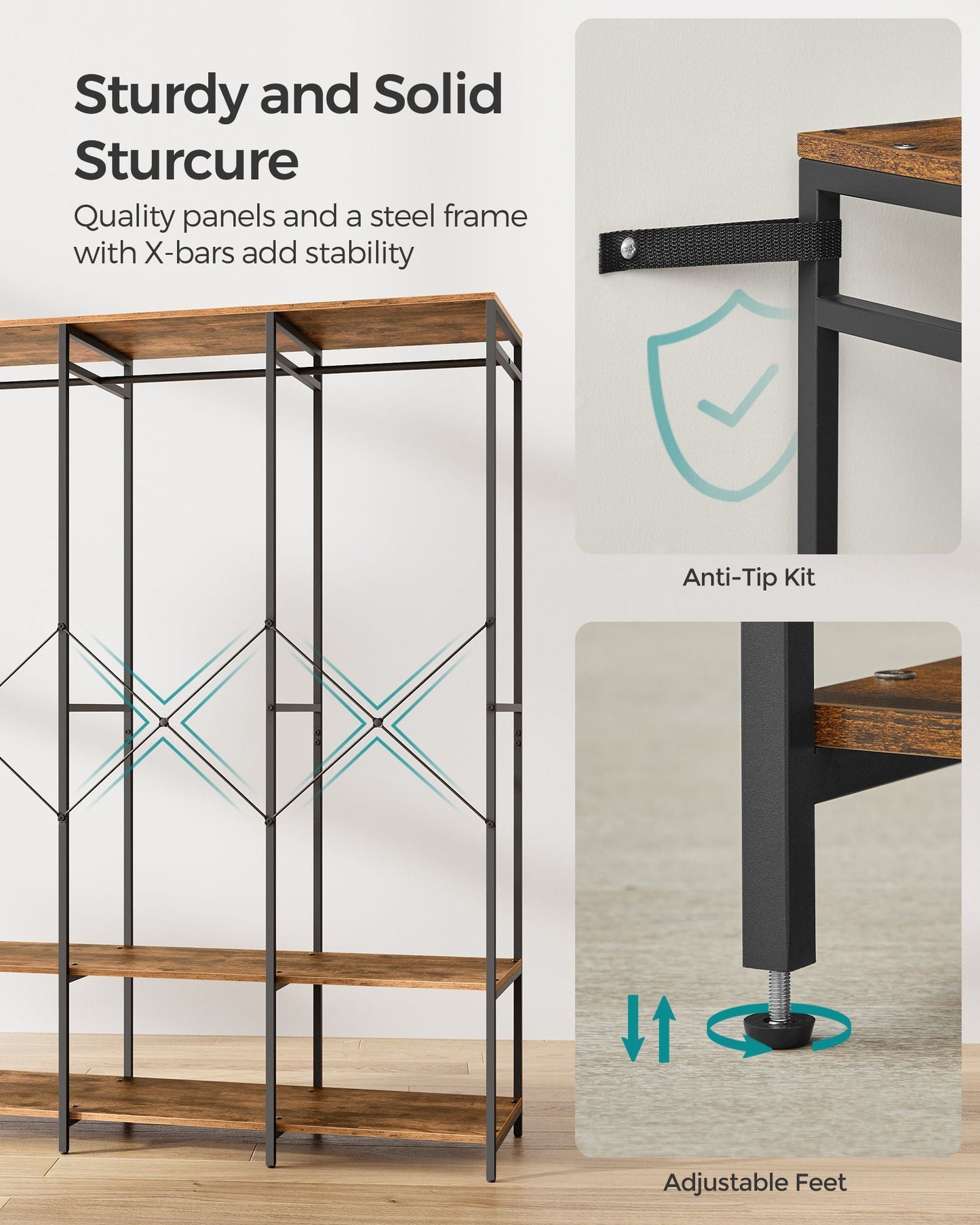 Iron and Wood Clothes Rack with Hanging Rods, Closet Shelves, Removable Hooks