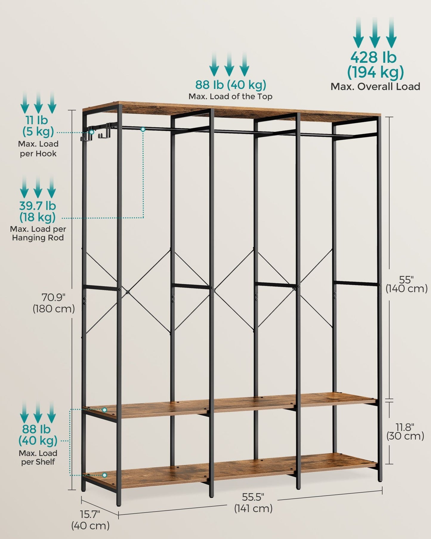 Iron and Wood Clothes Rack with Hanging Rods, Closet Shelves, Removable Hooks