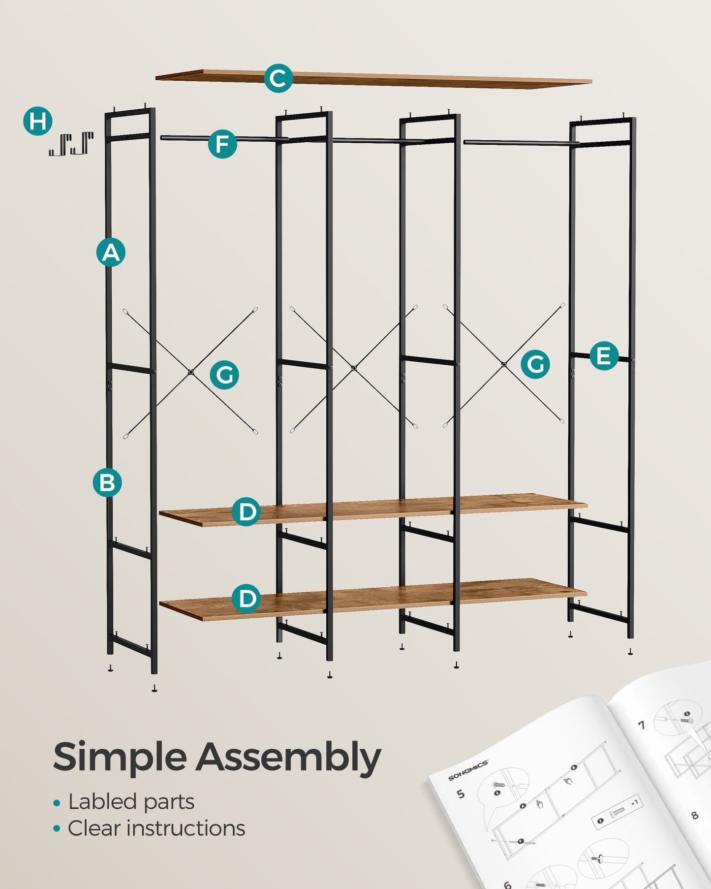 Iron and Wood Clothes Rack with Hanging Rods, Closet Shelves, Removable Hooks