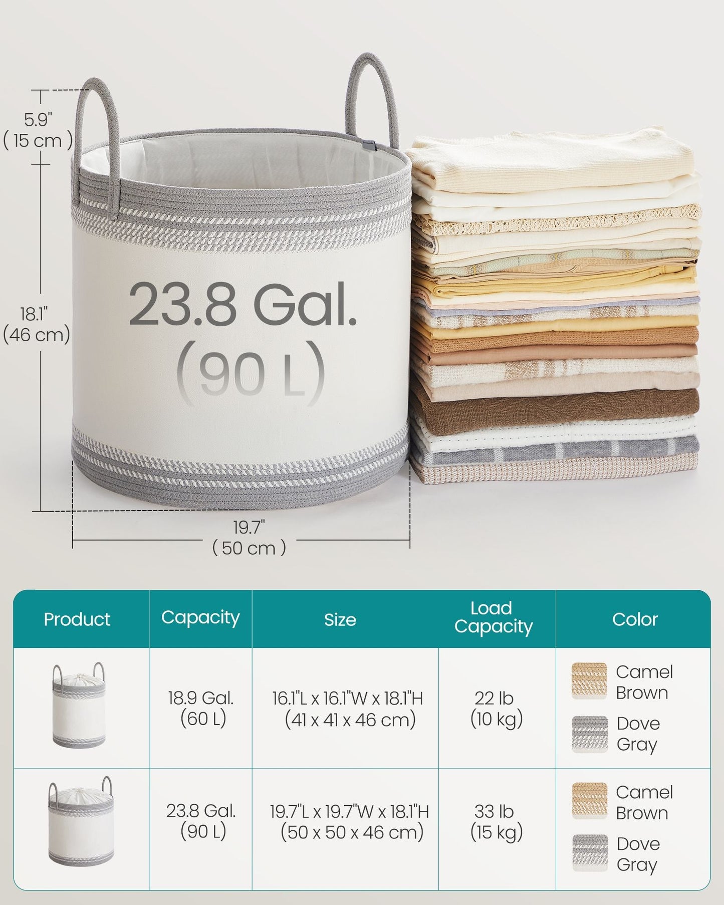 Laundry Hamper, 23.8 Gal., 19.7 x 19.7 x 18.1 Inches, Dove Gray