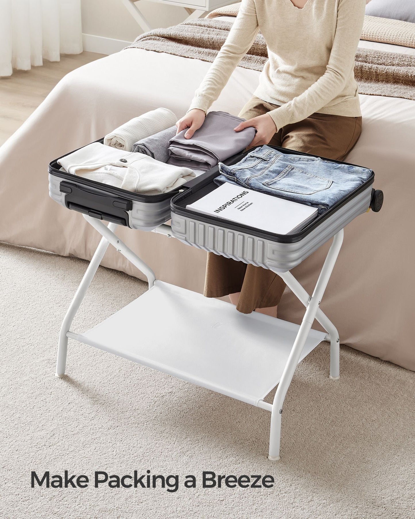 Set of 2 Luggage Racks with Fabric Shelves Cloud White