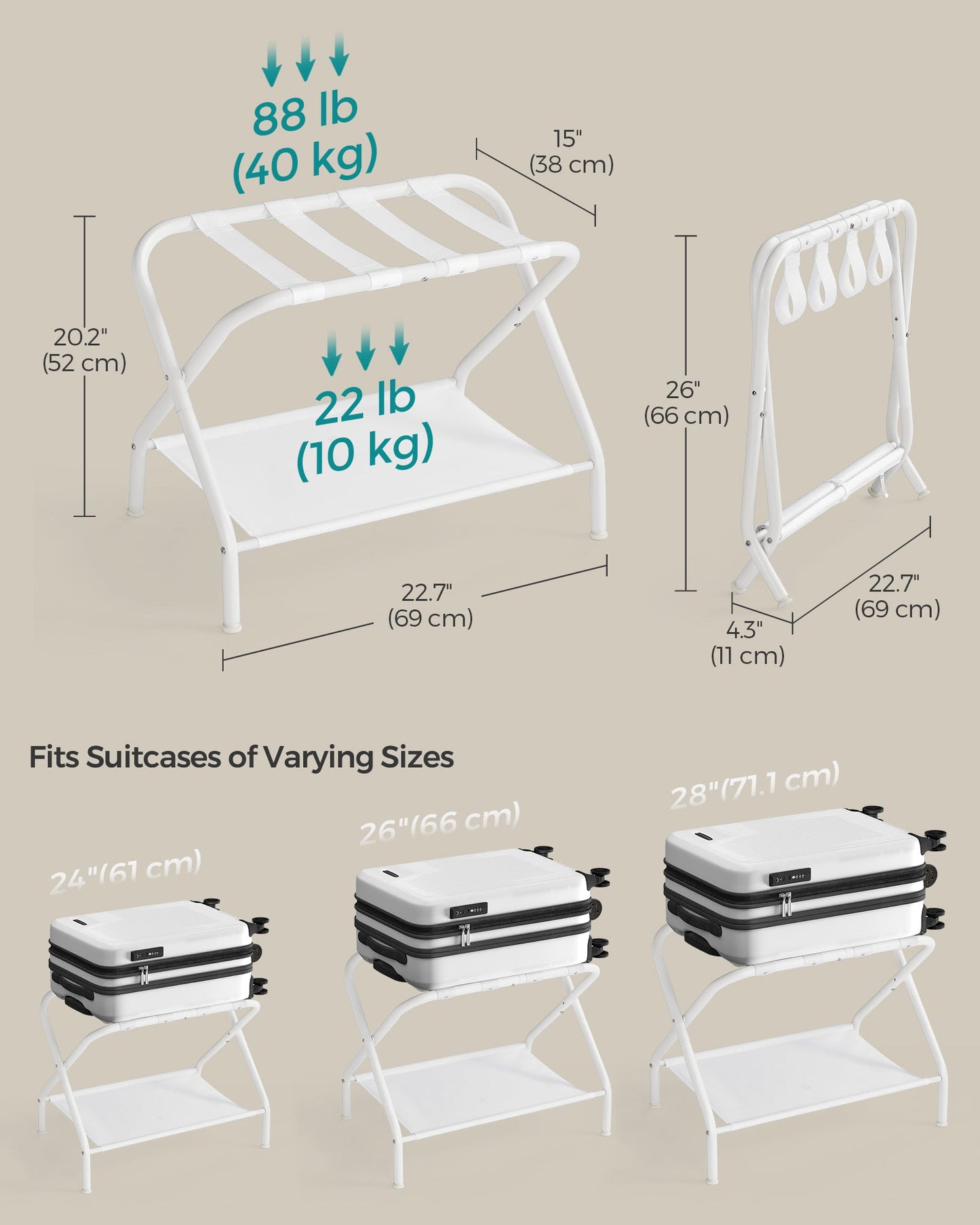 Set of 2 Luggage Racks with Fabric Shelves Cloud White