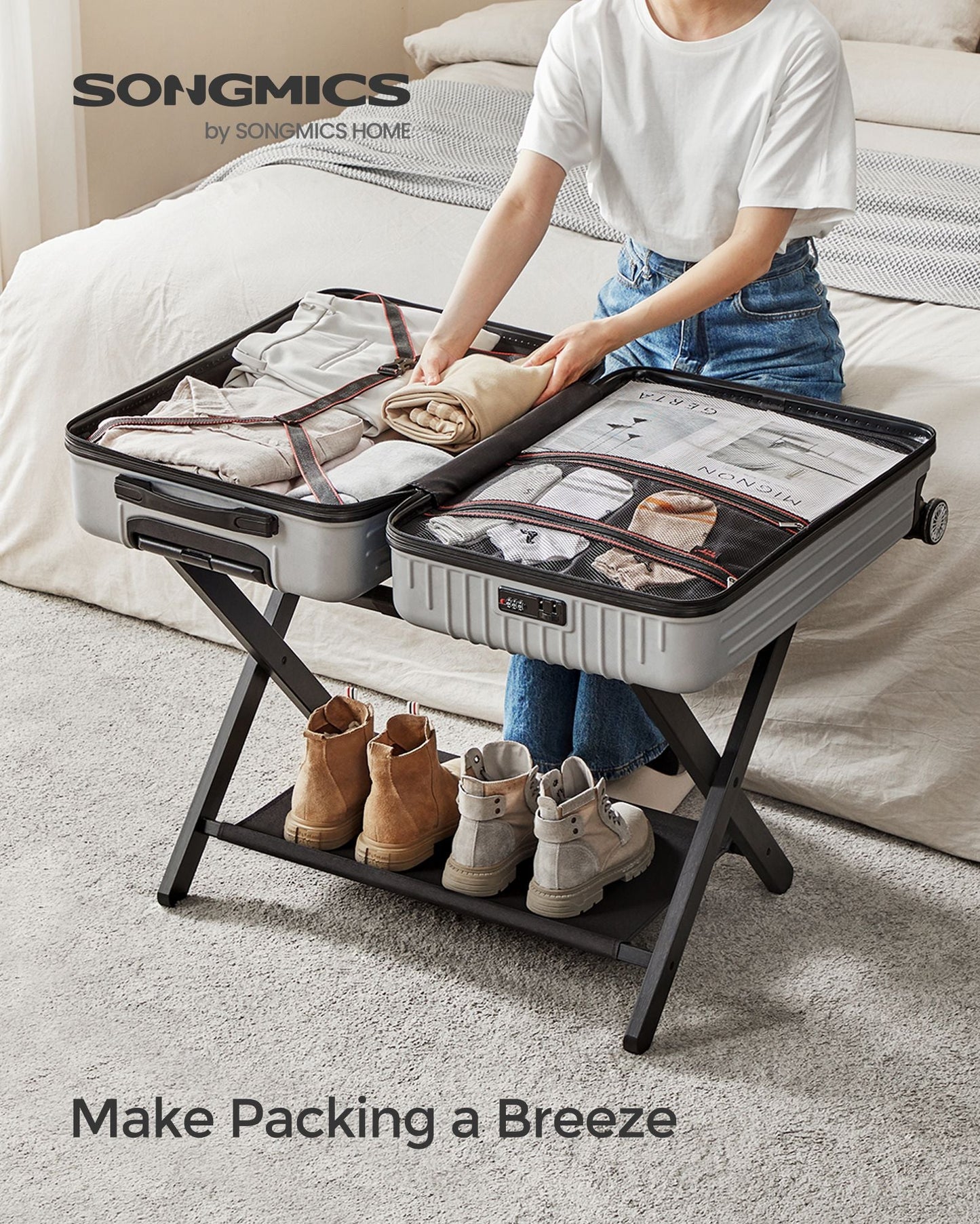 Folding Suitcase Stand with Storage Shelf