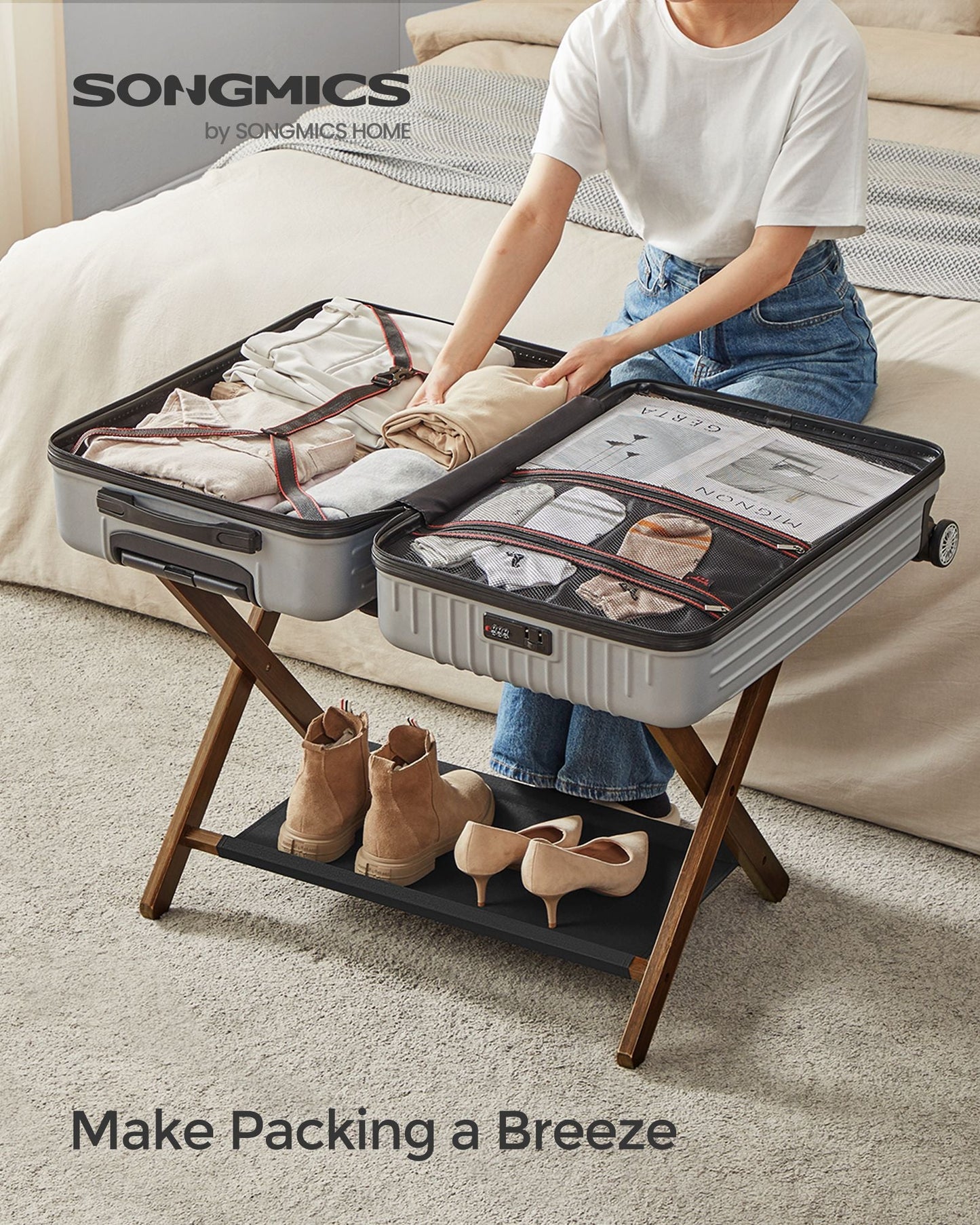Set of 2 Folding Luggage Rack with Storage Shelf