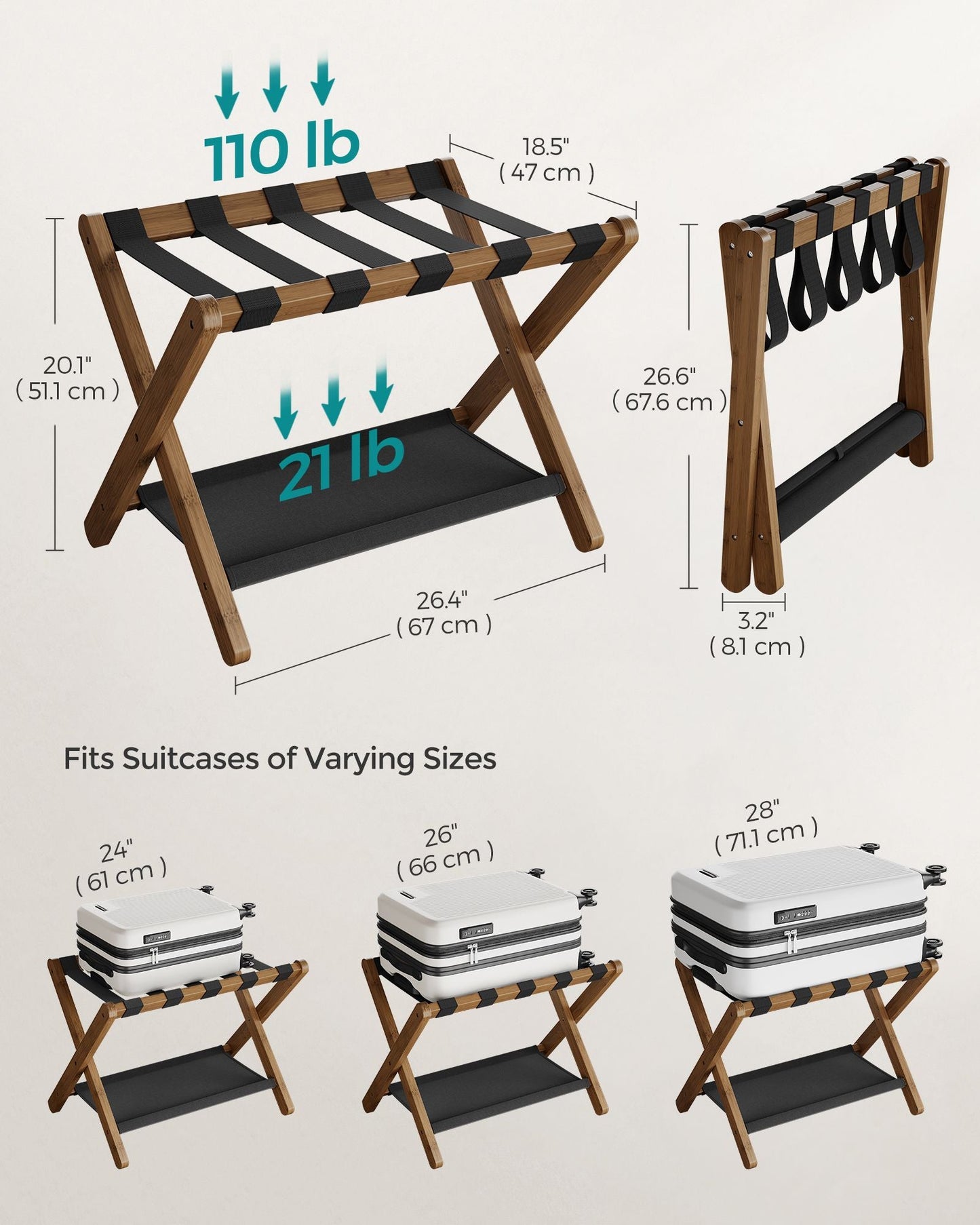 Set of 2 Folding Luggage Rack with Storage Shelf