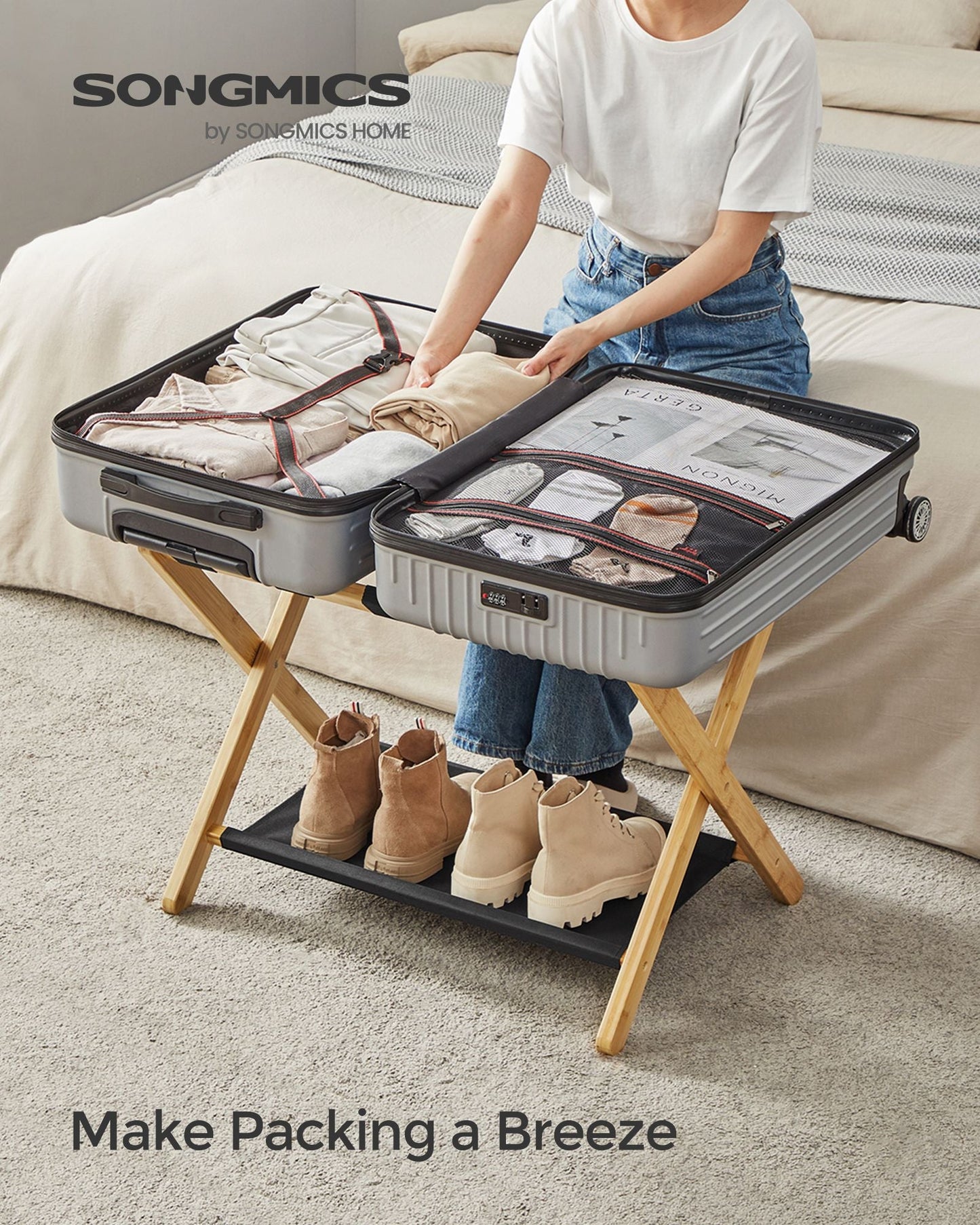 Folding Suitcase Stand with Storage Shelf