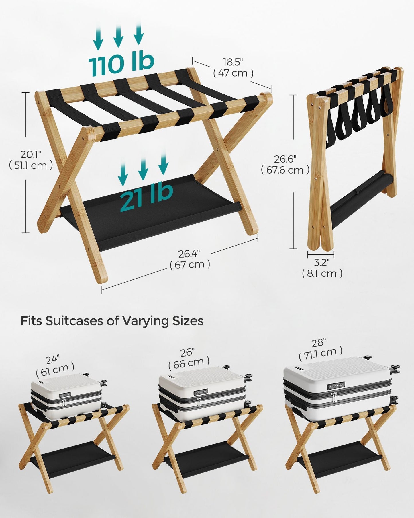 Set of 2 Folding Luggage Rack with Storage Shelf