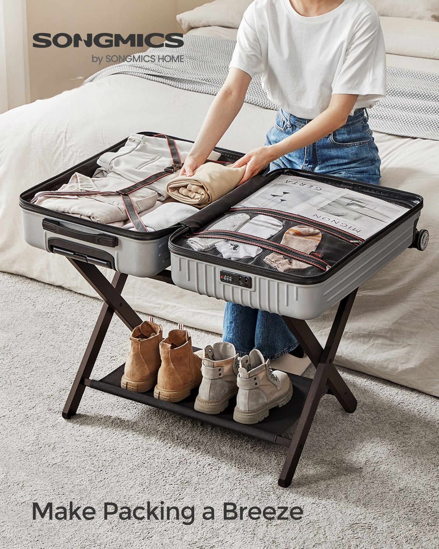 Set of 2 Folding Luggage Rack with Storage Shelf