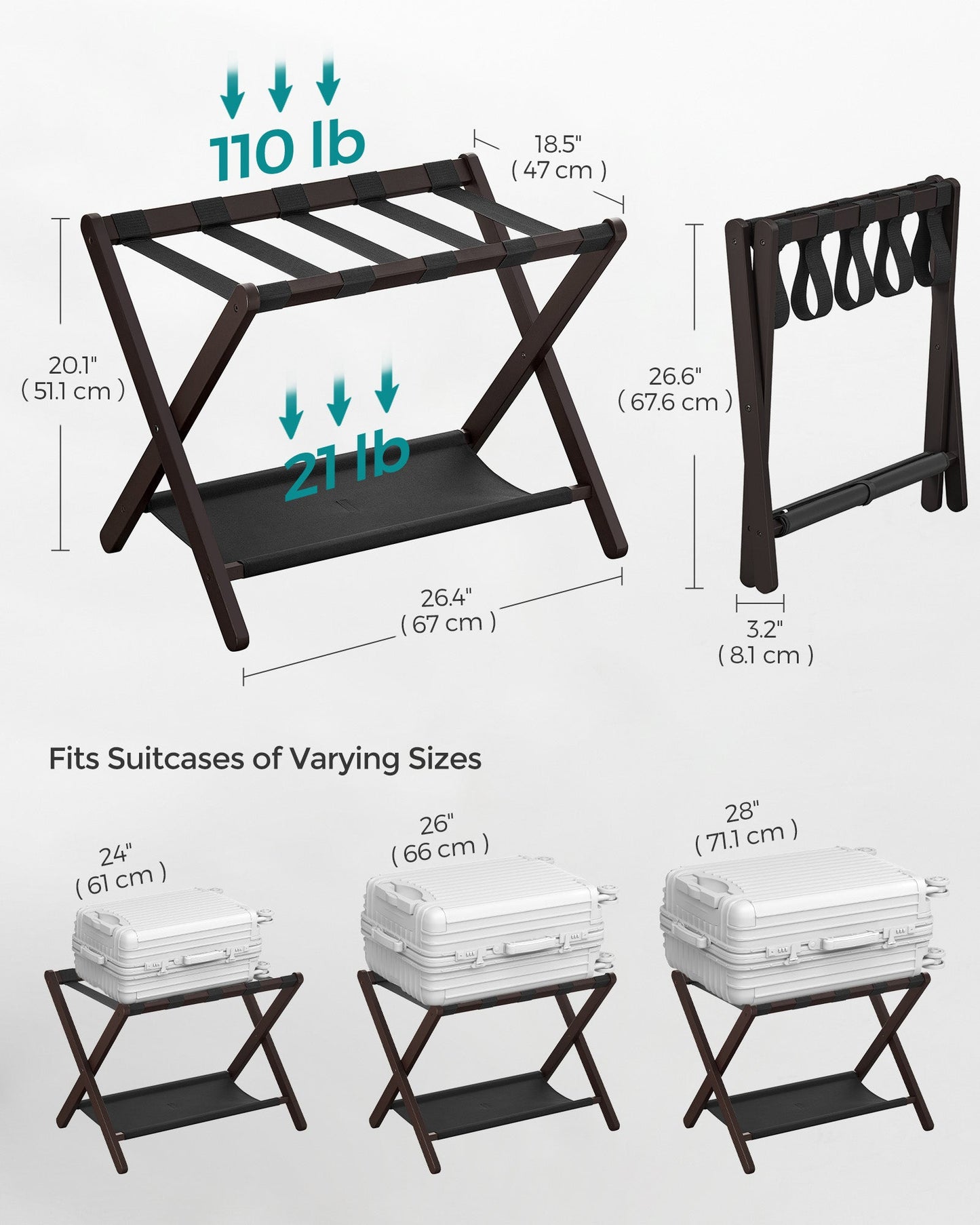 Set of 2 Folding Luggage Rack with Storage Shelf