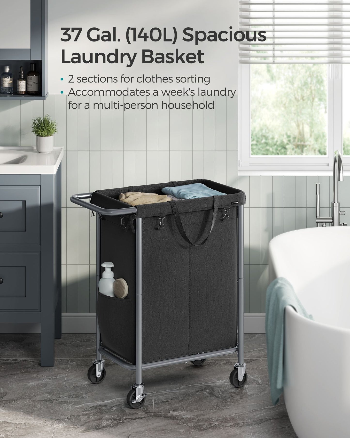 2-Section Laundry Basket with Wheels, 37 Gallons (140L)