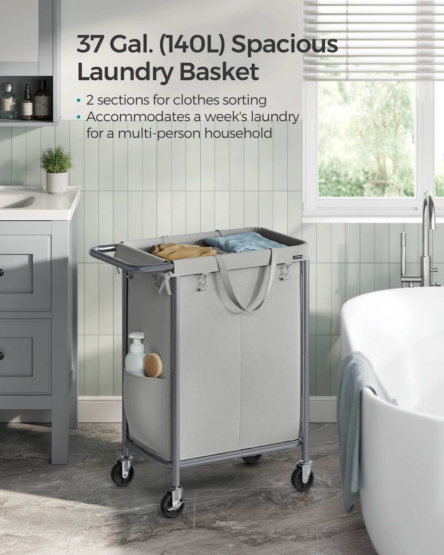 2-Section Laundry Basket with Wheels, 37 Gallons (140L)