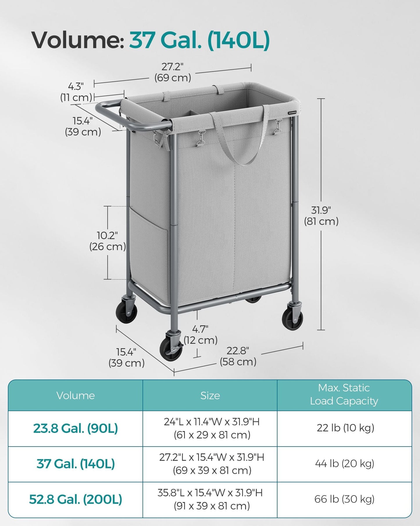 2-Section Laundry Basket with Wheels, 37 Gallons (140L)