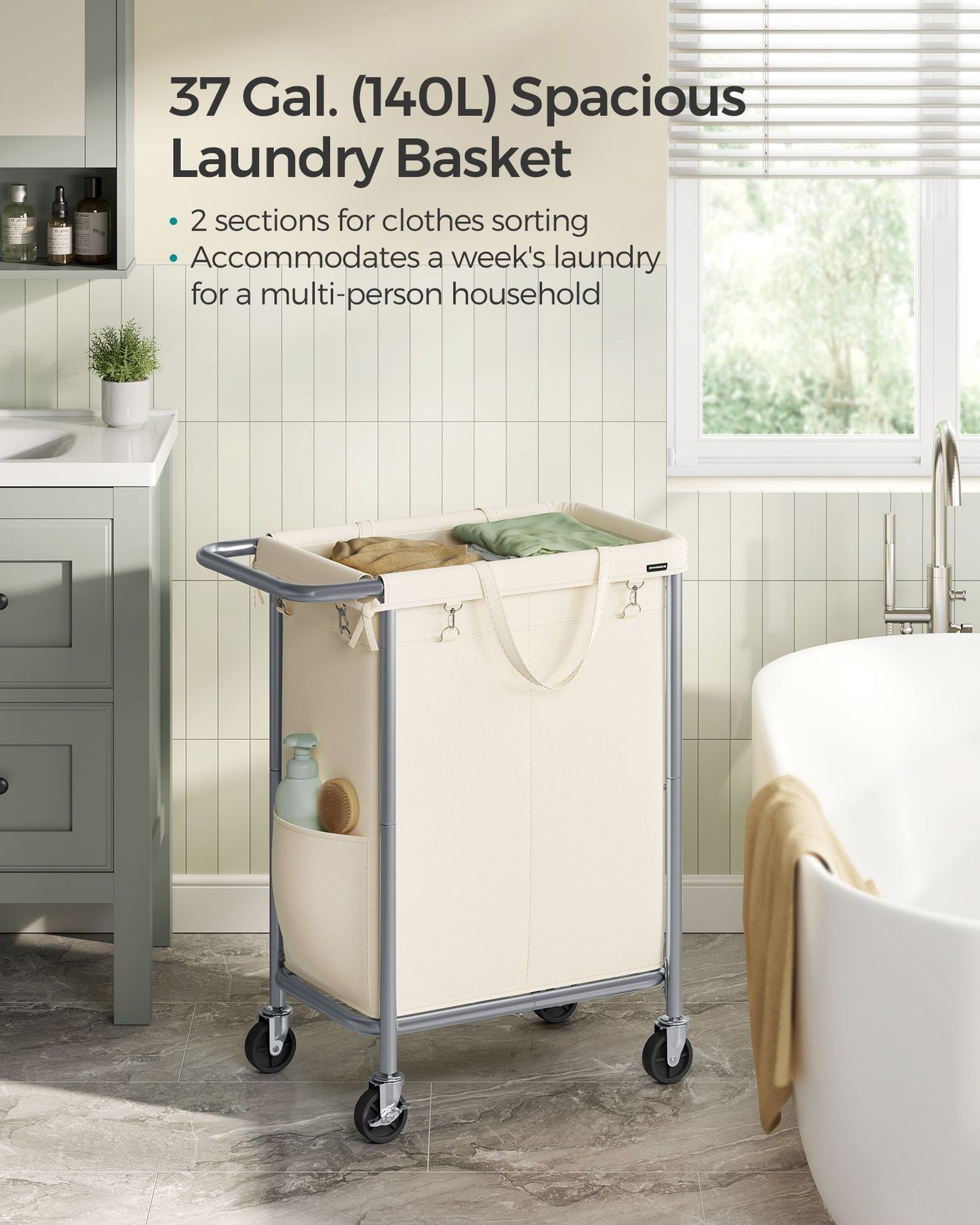 2-Section Laundry Basket with Wheels, 37 Gallons (140L)