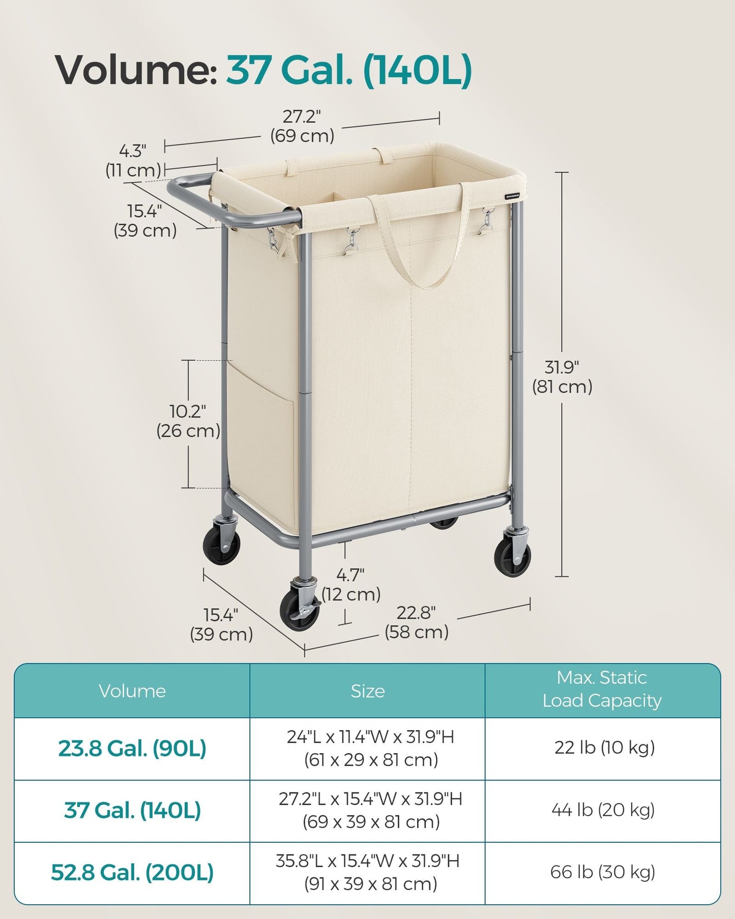 2-Section Laundry Basket with Wheels, 37 Gallons (140L)