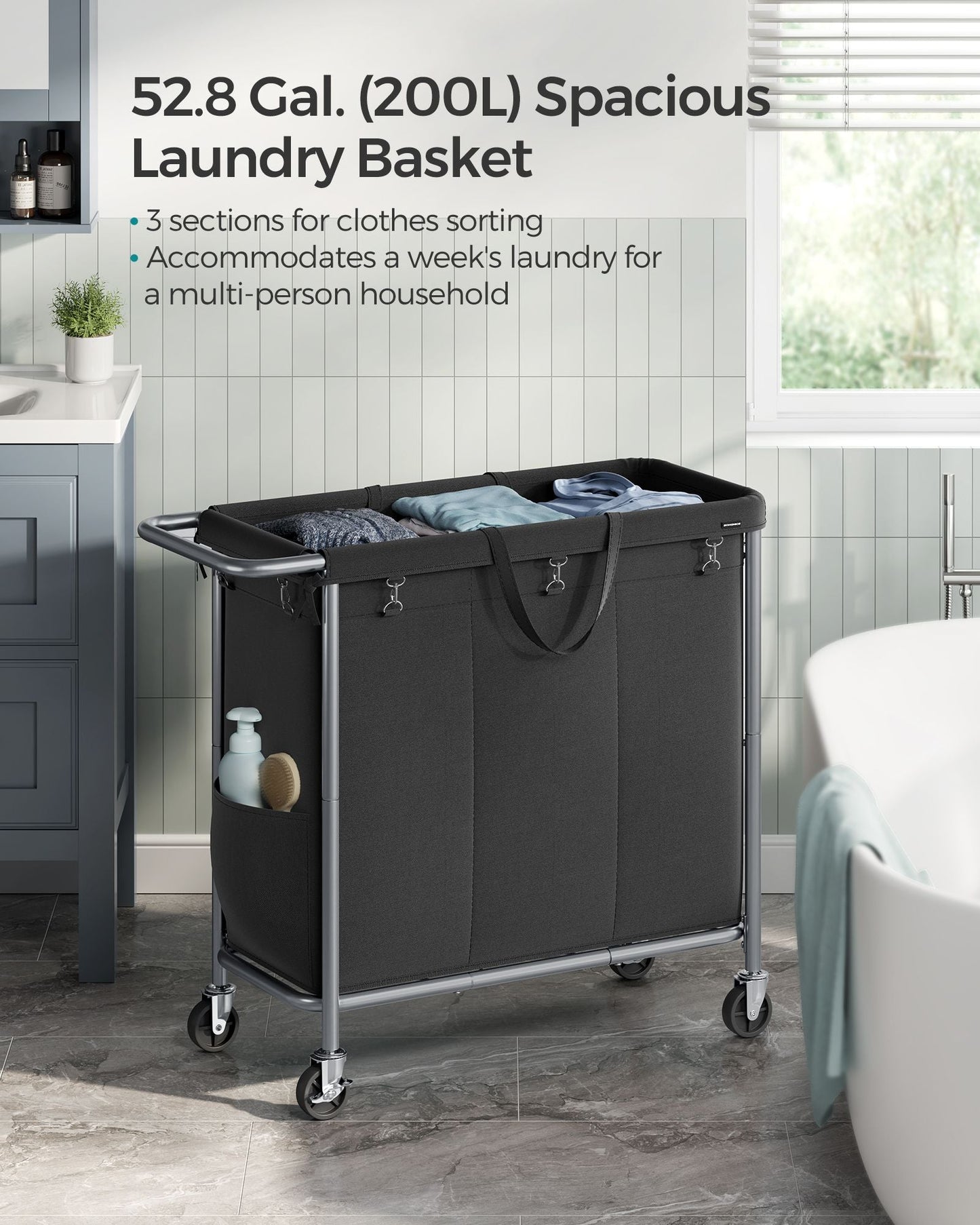 3-Section Laundry Basket with Wheels, 52.8 Gallons (200L)