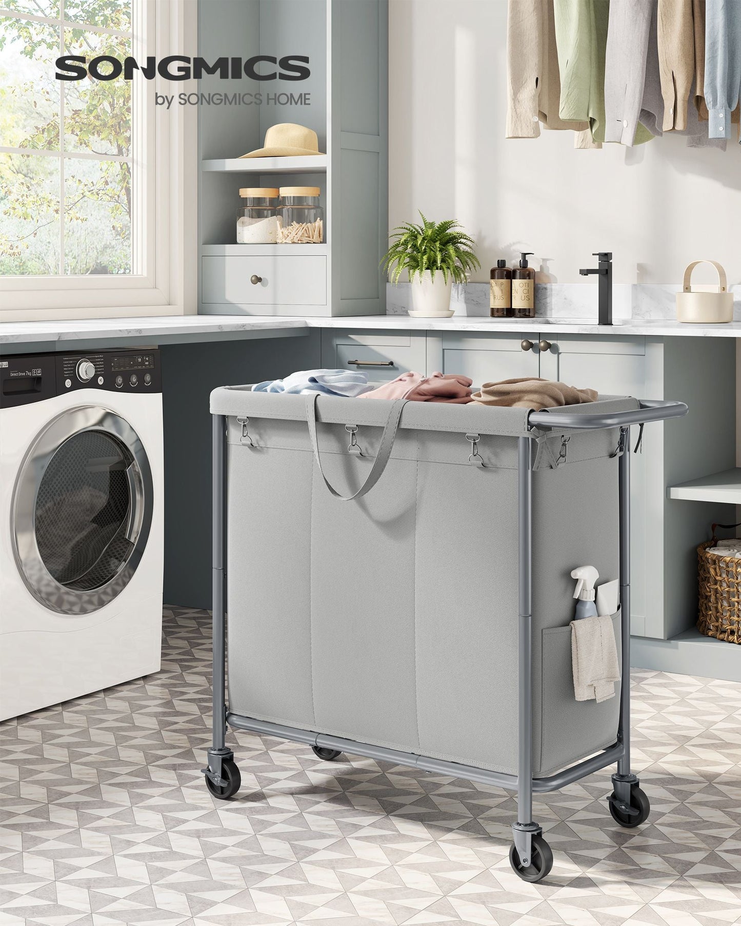 3-Section Laundry Basket with Wheels, 52.8 Gallons (200L)