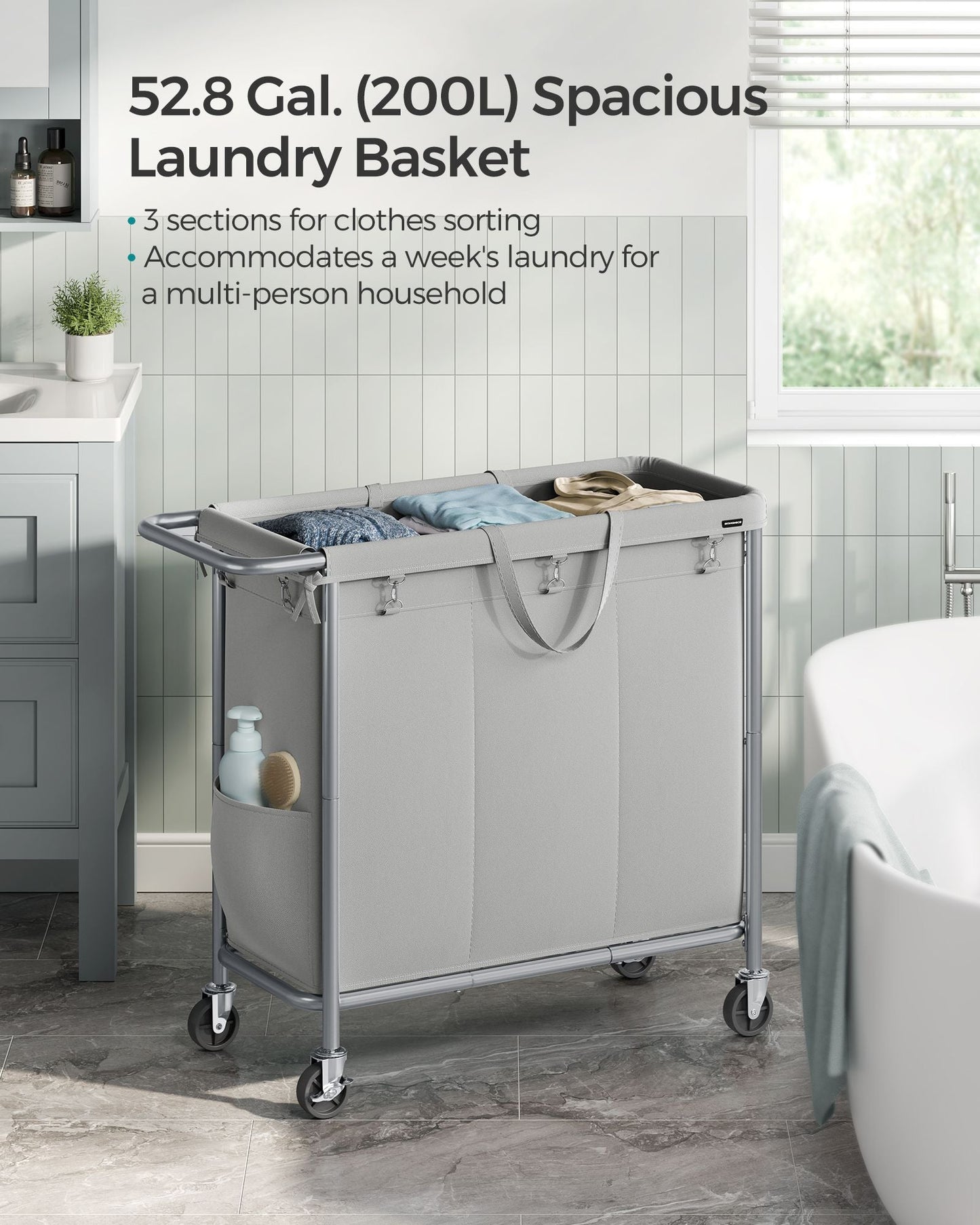 3-Section Laundry Basket with Wheels, 52.8 Gallons (200L)
