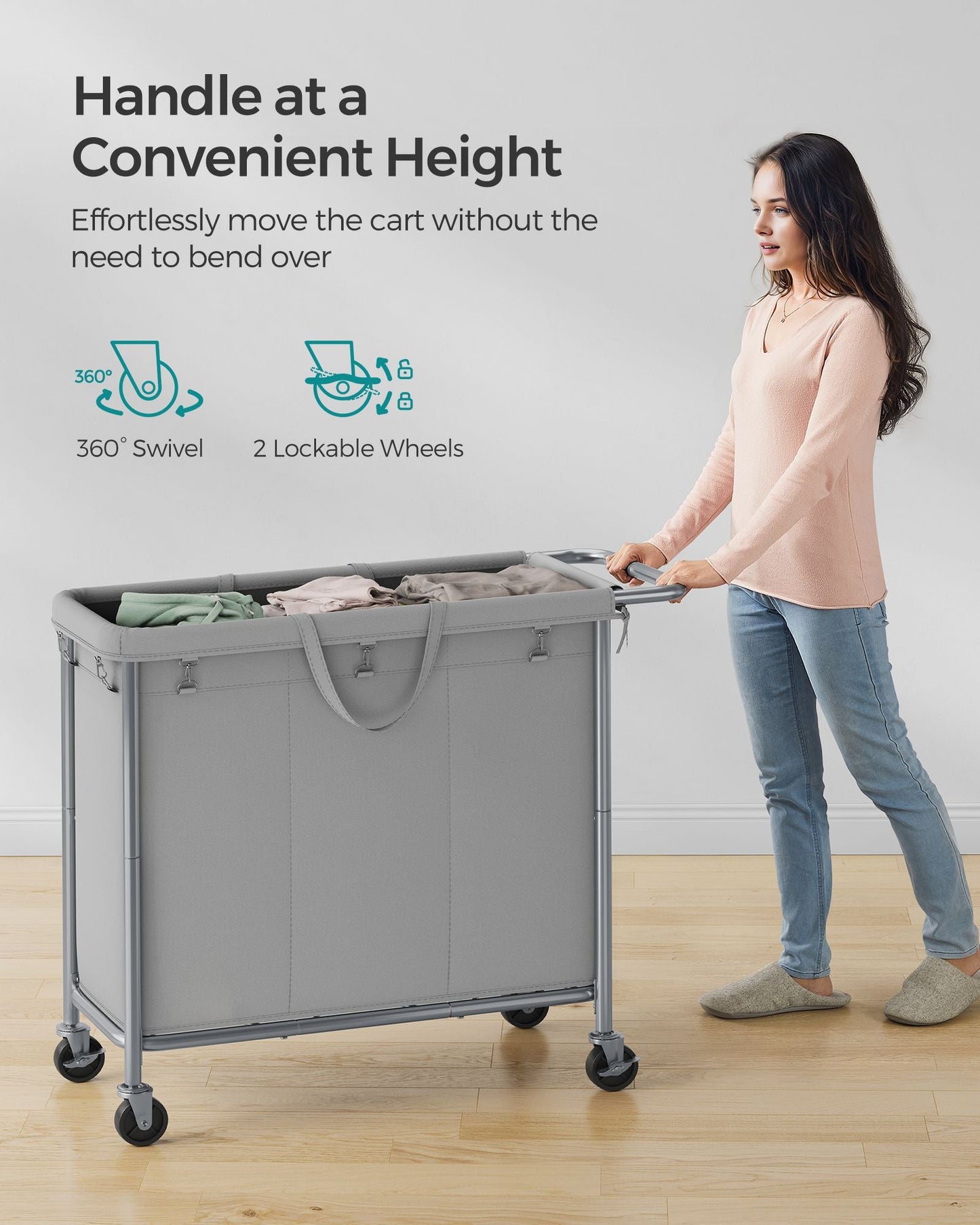 3-Section Laundry Basket with Wheels, 52.8 Gallons (200L)